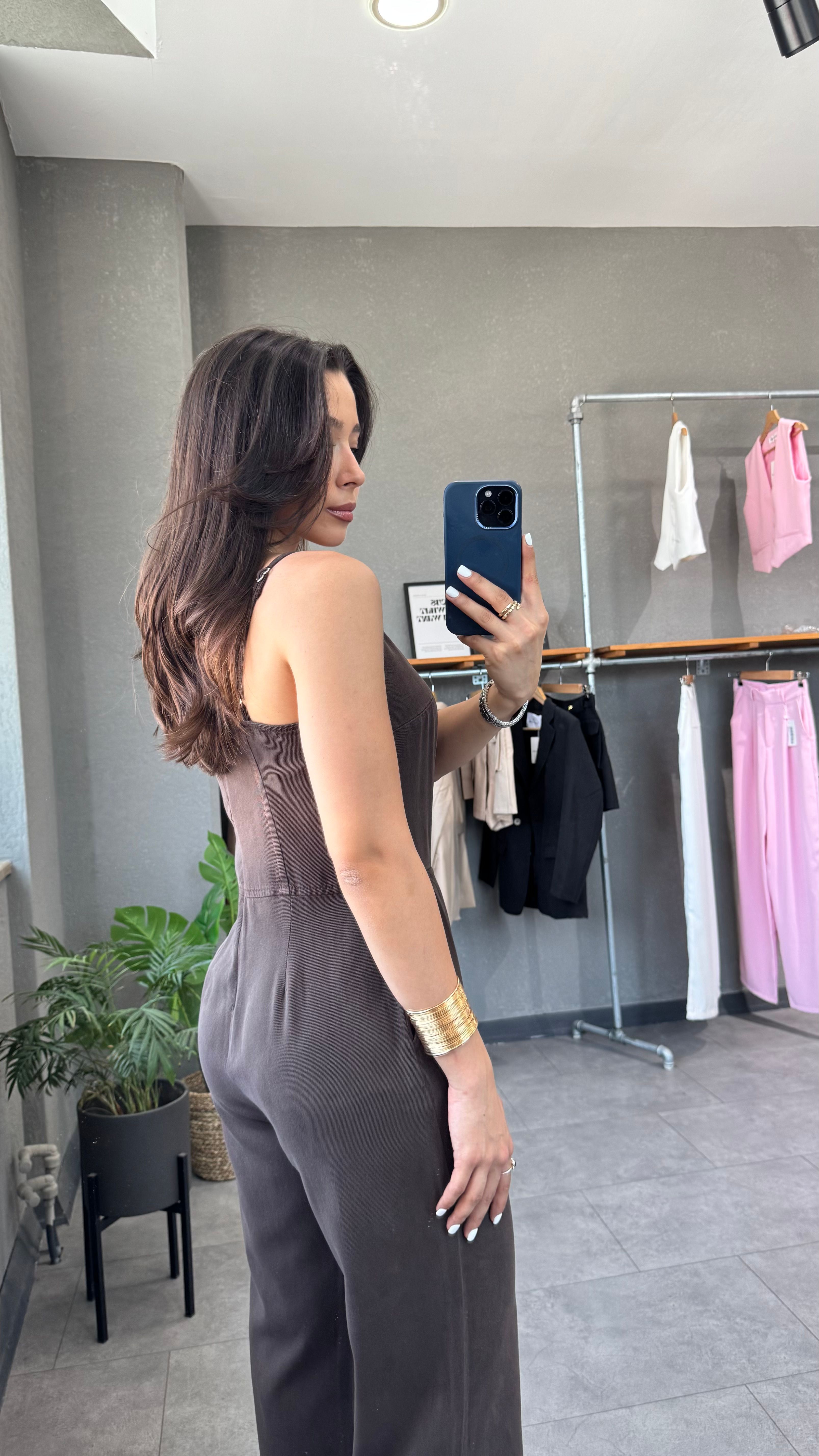 İnce Askılı Tensel Denim Tulum