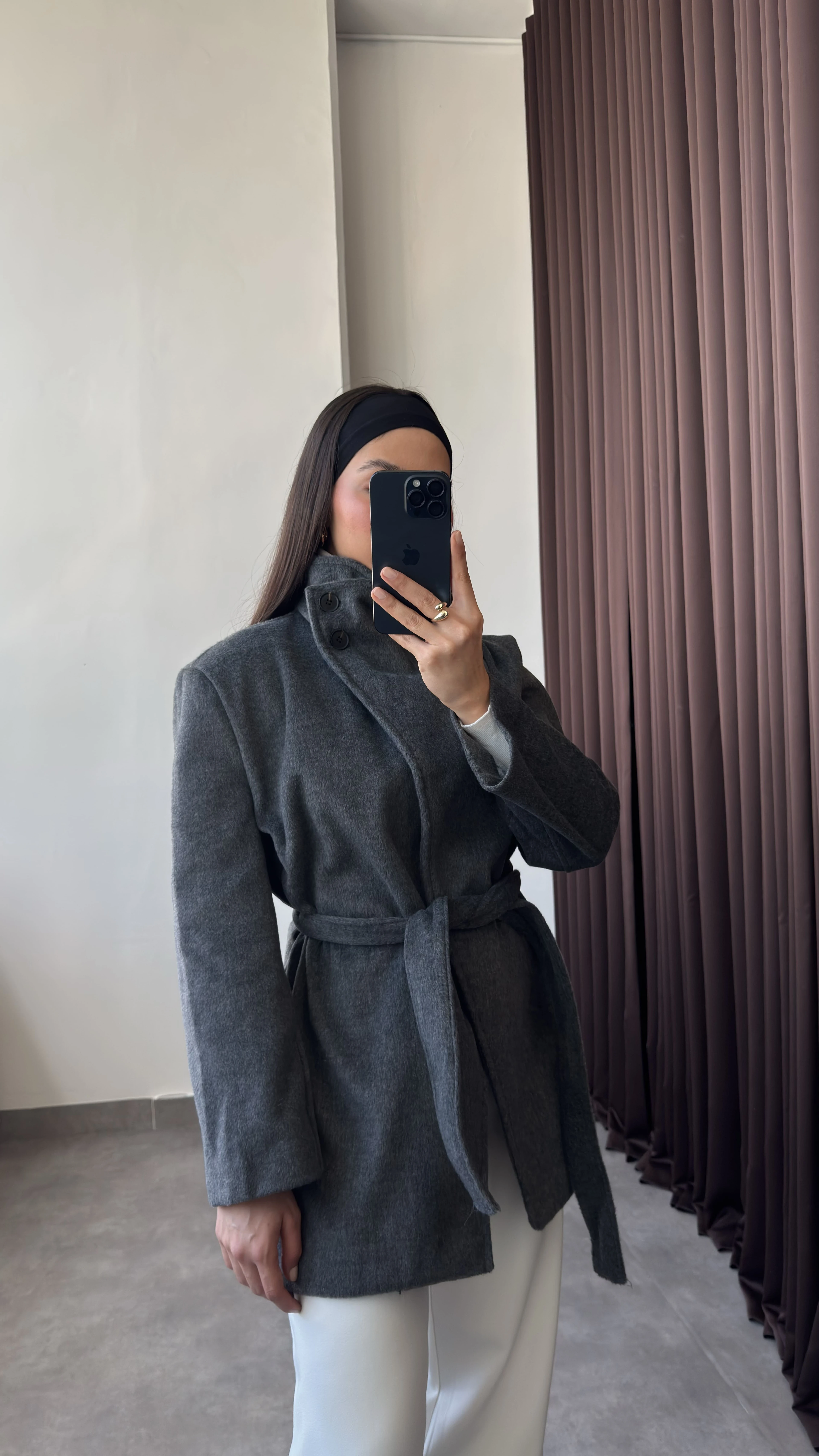 Dik Yaka Kuşaklı Kaşe Kaban