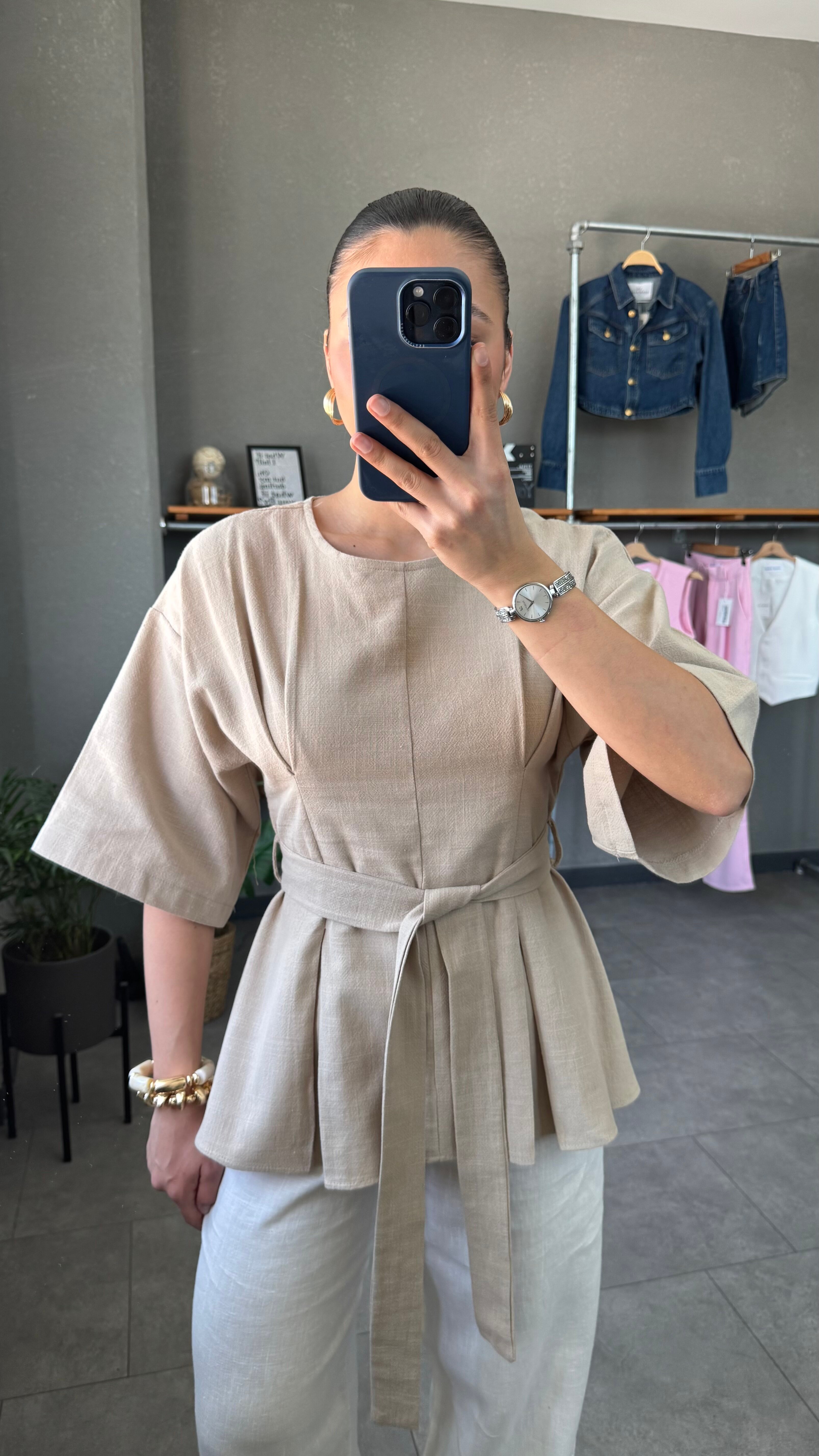 Oversize Beli Kuşaklı Bej Keten Bluz