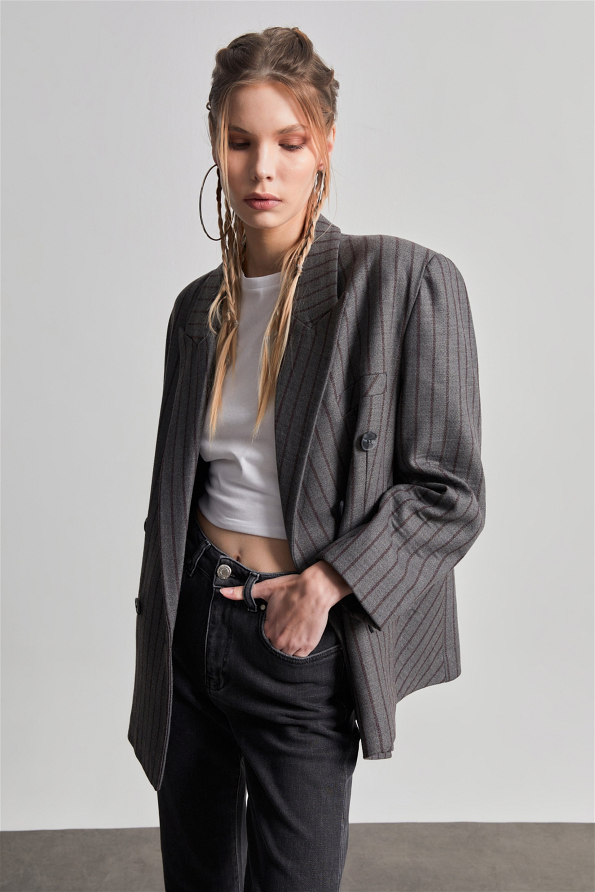 Bordo Çizgili Maskülen Oversize Kaşe Blazer Ceket