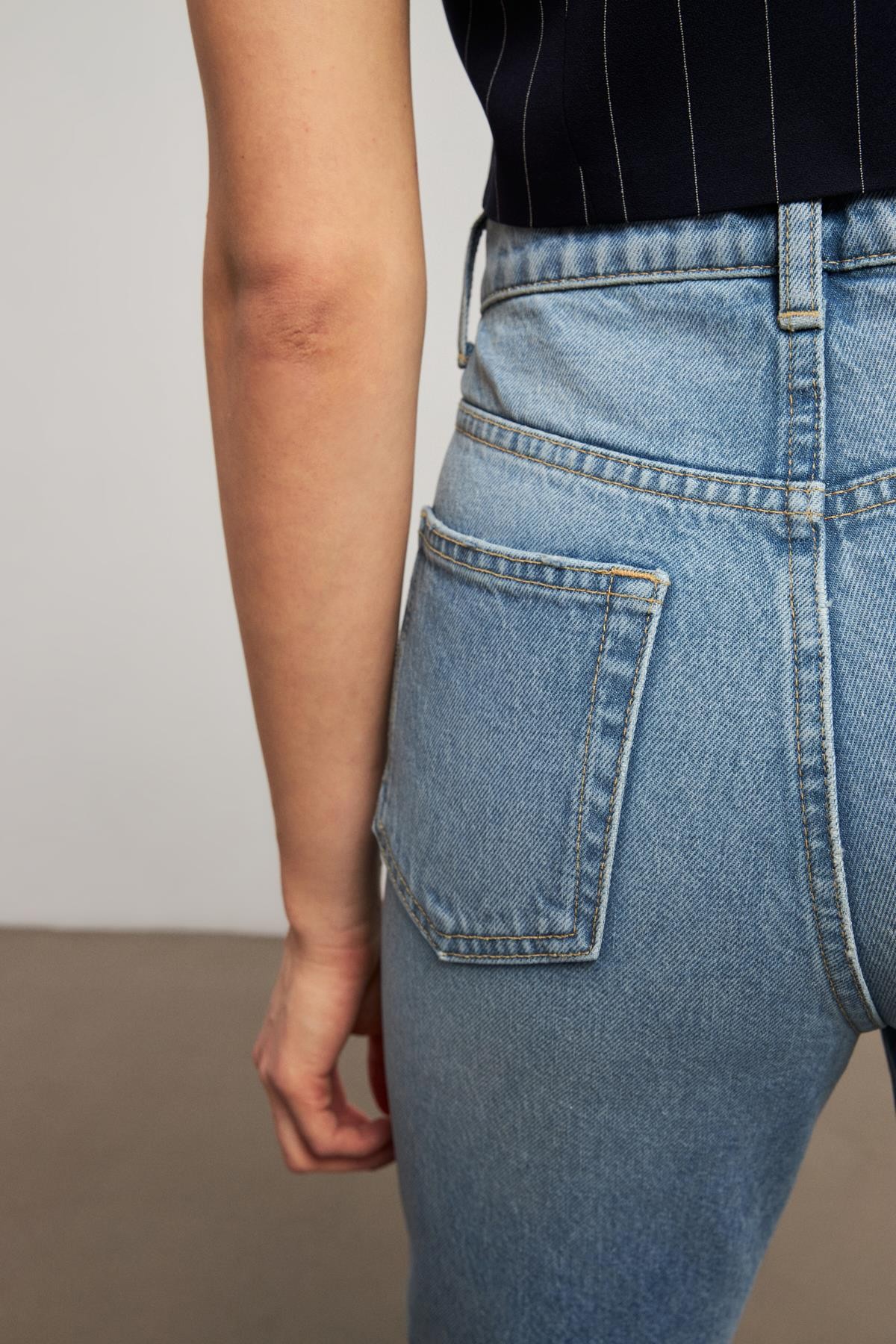 Bel Detaylı Yüksek Bel Mavi Kadın Skinny Jean