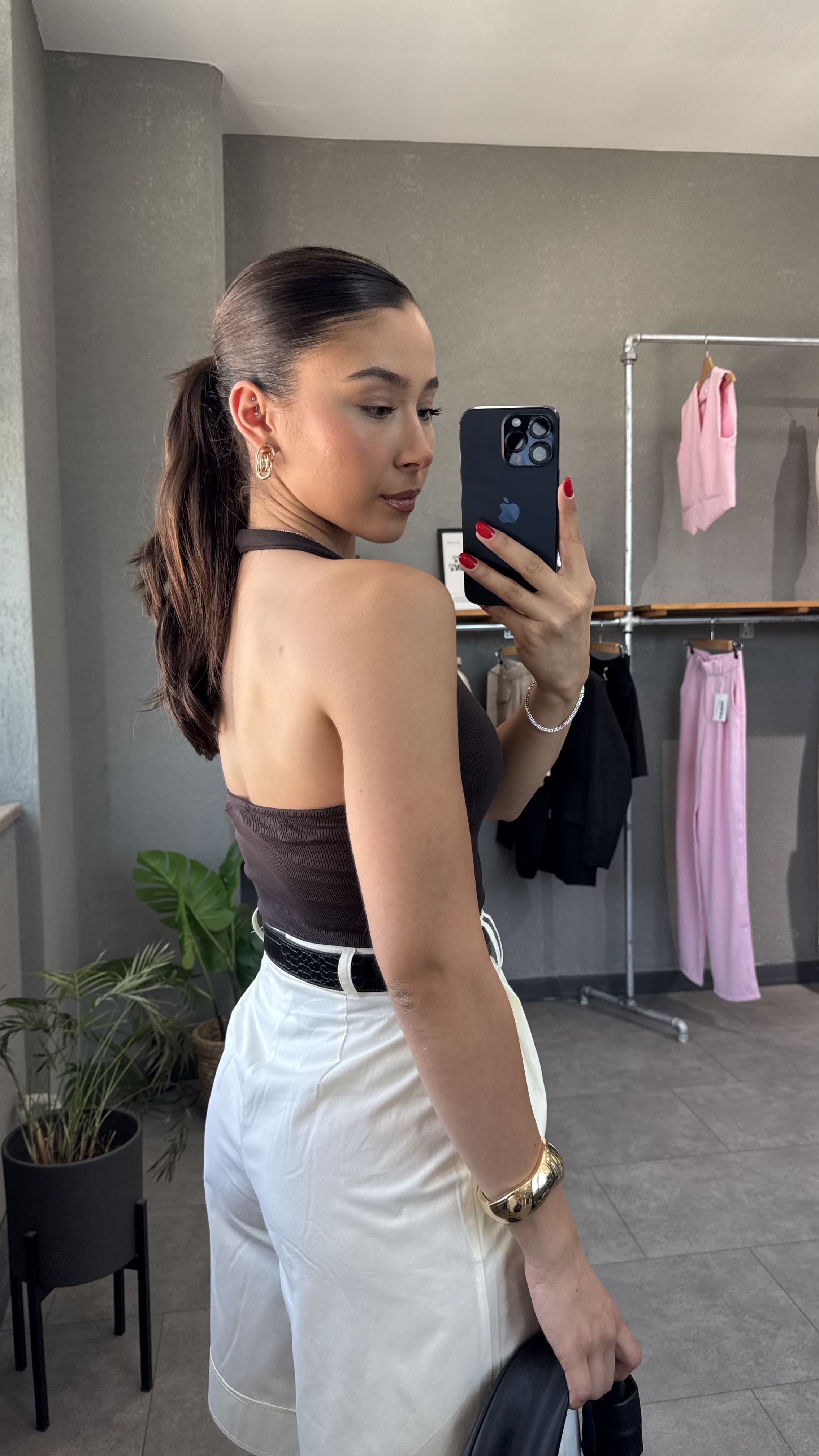Halter Yaka Sırt Dekolteli Fitilli Bluz