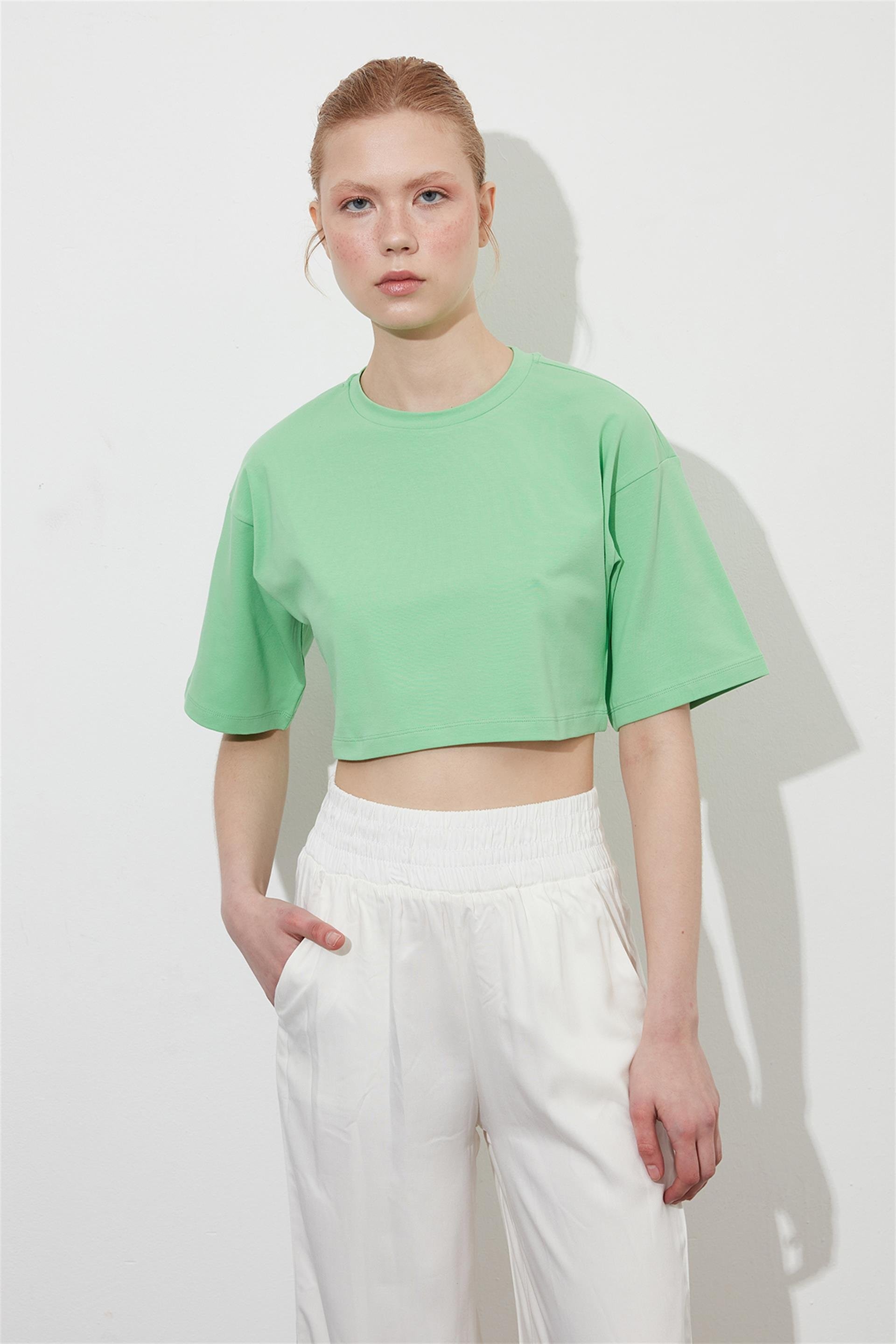Yeşil Crop Kısa Kol T-shirt