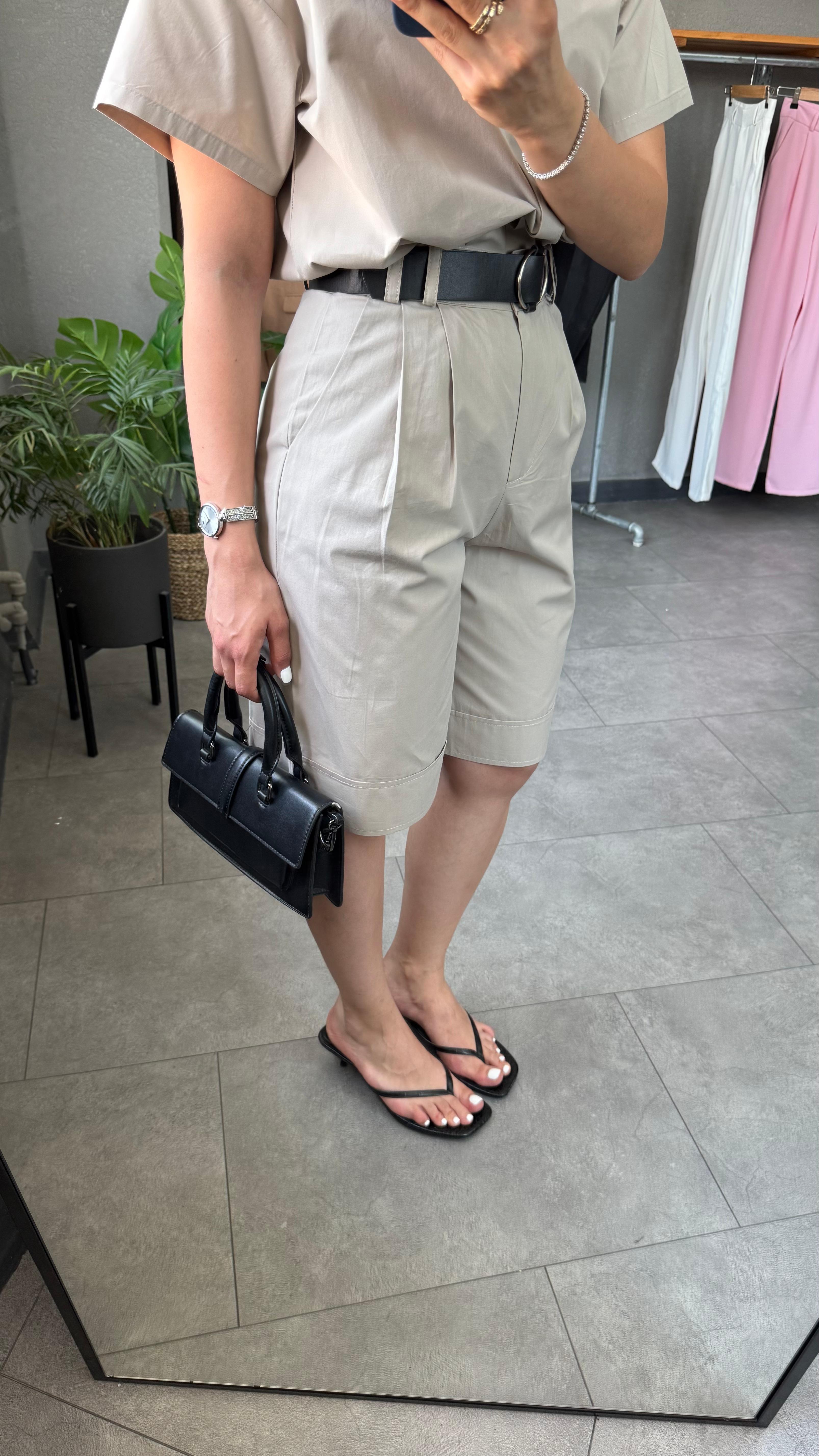 Gabardin Gömlek Kemerli Bermuda Şort Takım