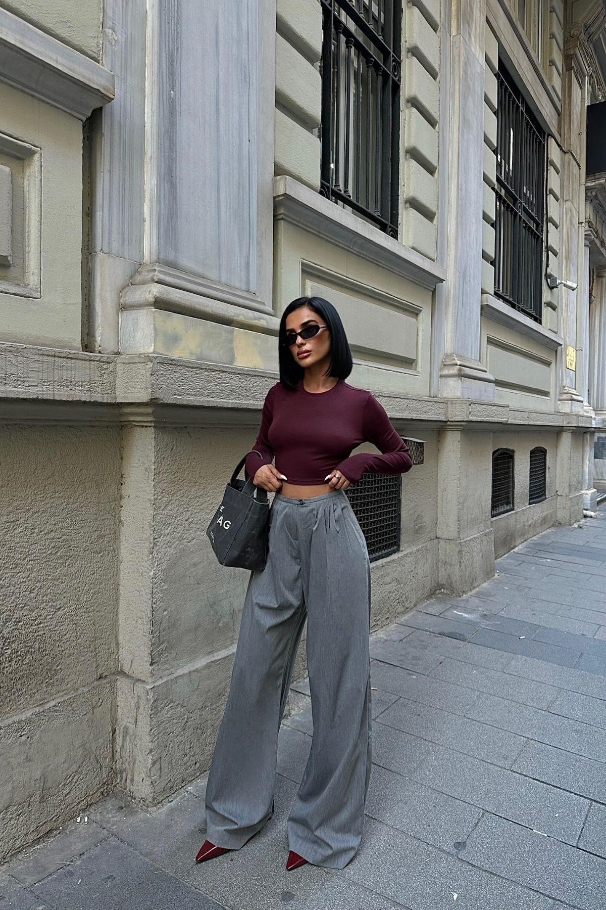 Bisiklet Yaka Crop Bordo Kadın Bluz