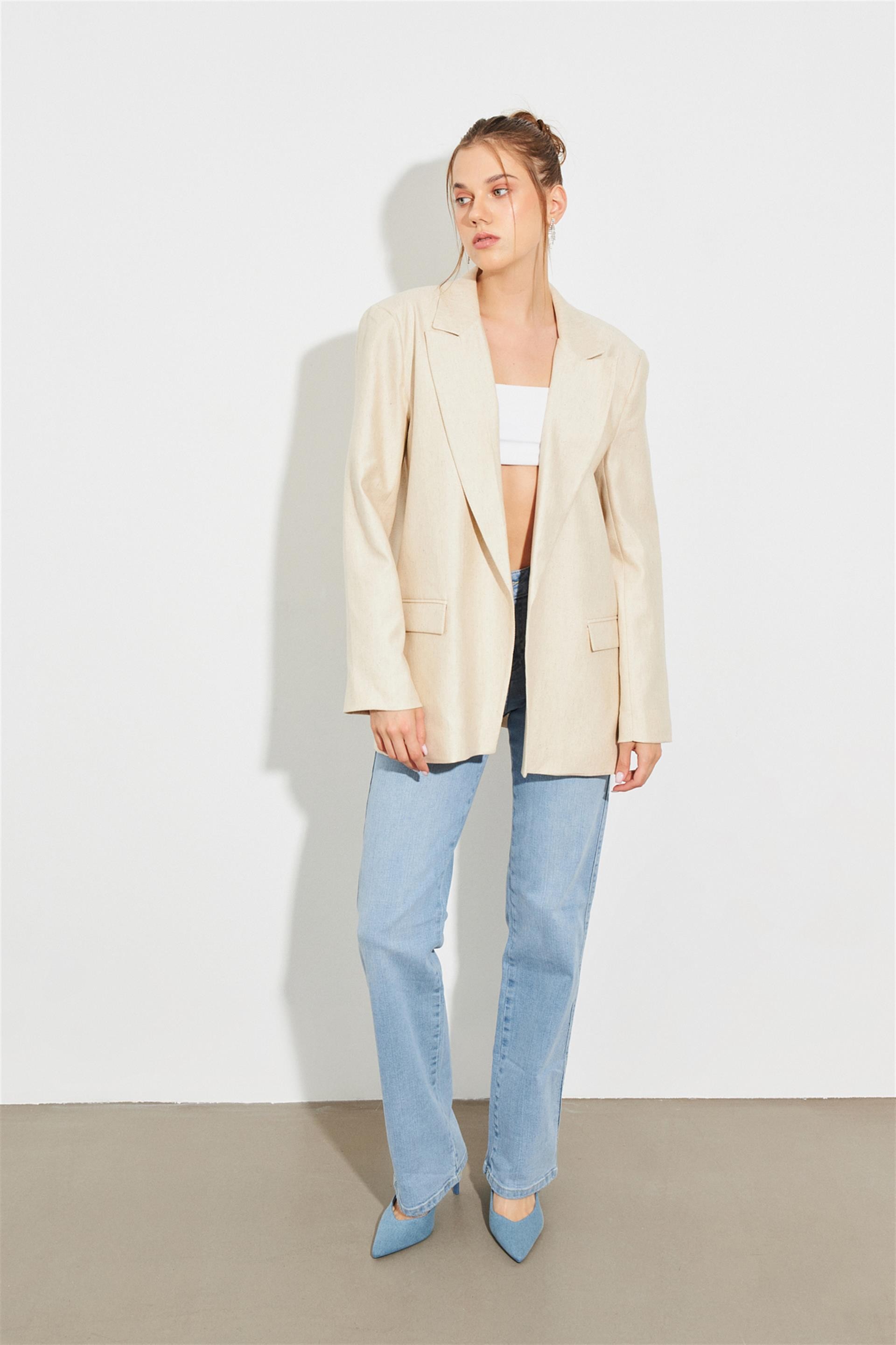 Keten Karışımlı İç Astarı Desenli Straight Fit Blazer Ceket