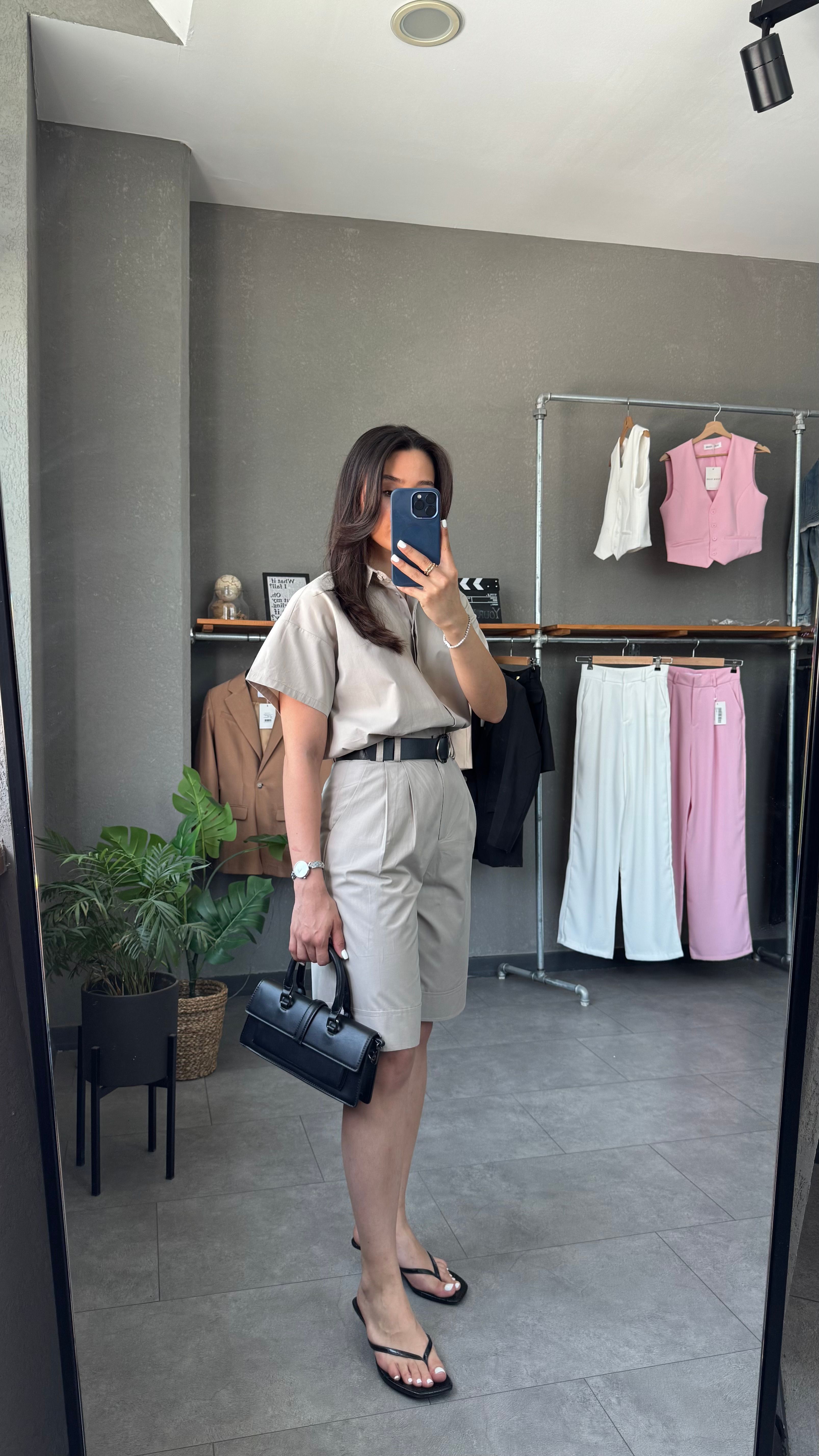 Gabardin Gömlek Kemerli Bermuda Şort Takım