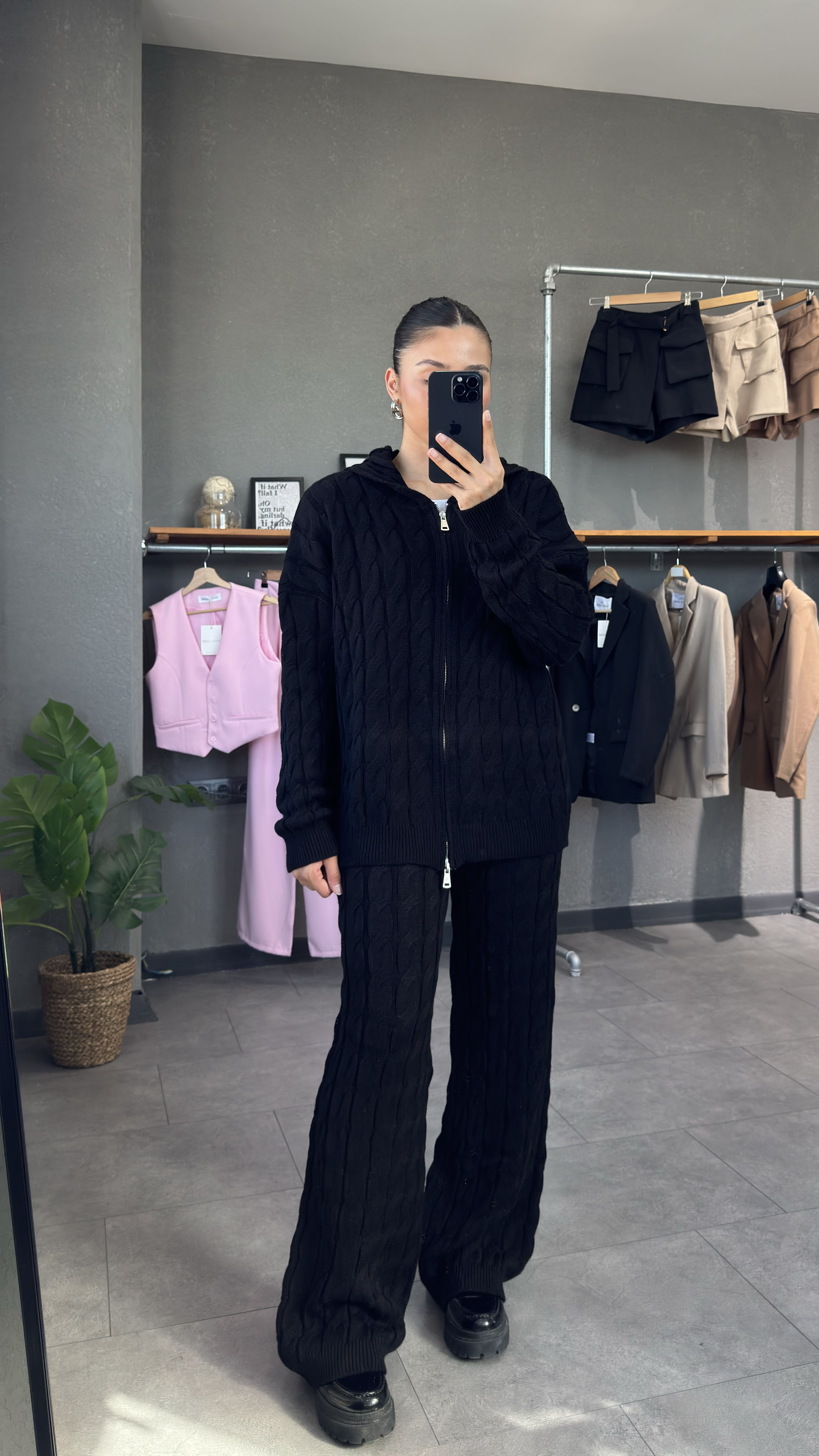 Çift Fermuarlı Kapüşonlu Saç Örgü Triko Takım - Siyah