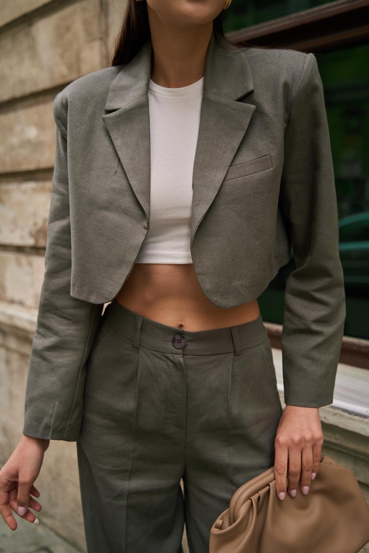 Kruvaze Yaka Keten Haki Kadın Crop Ceket