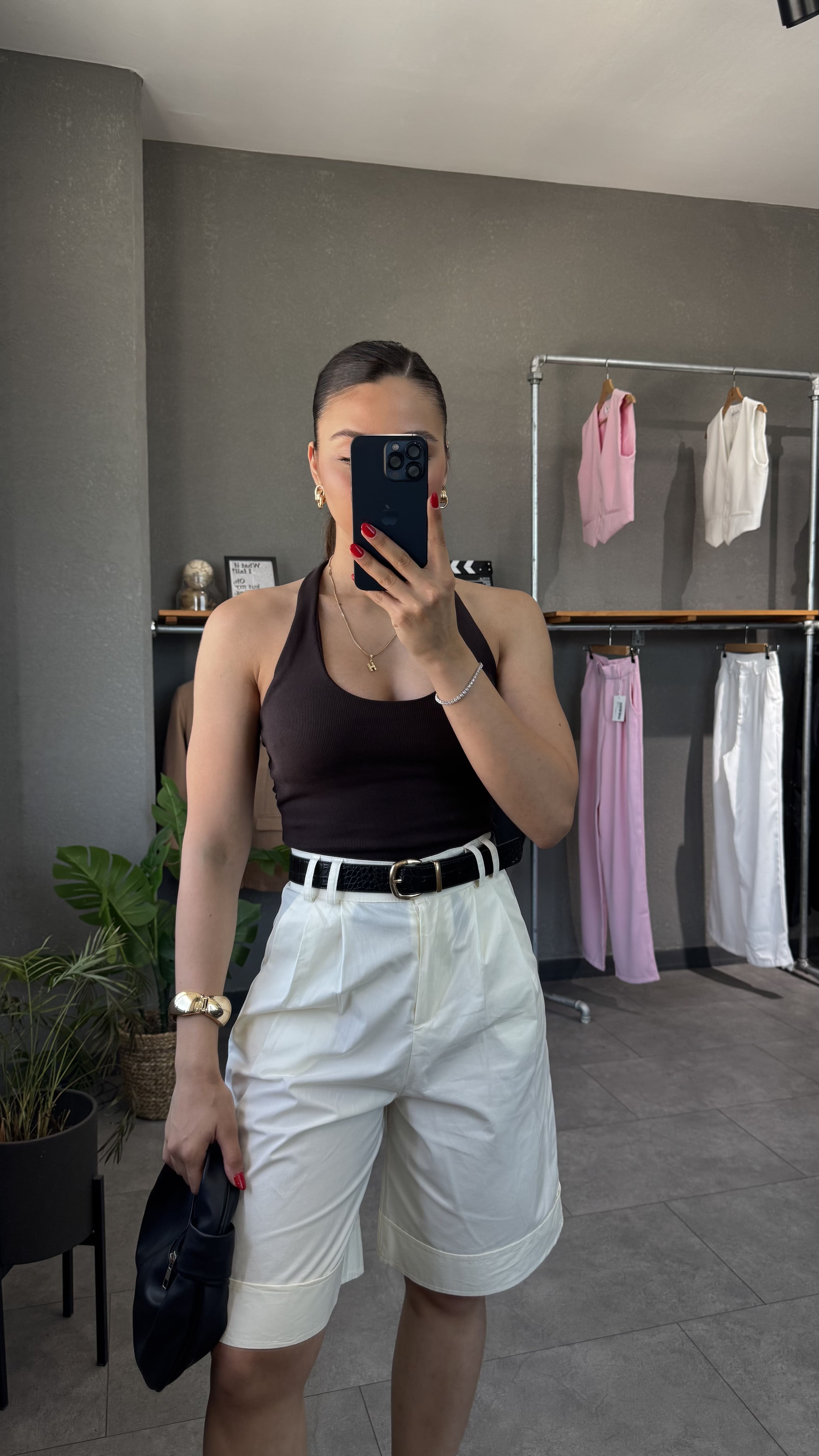 Halter Yaka Sırt Dekolteli Fitilli Bluz - Acı Kahve