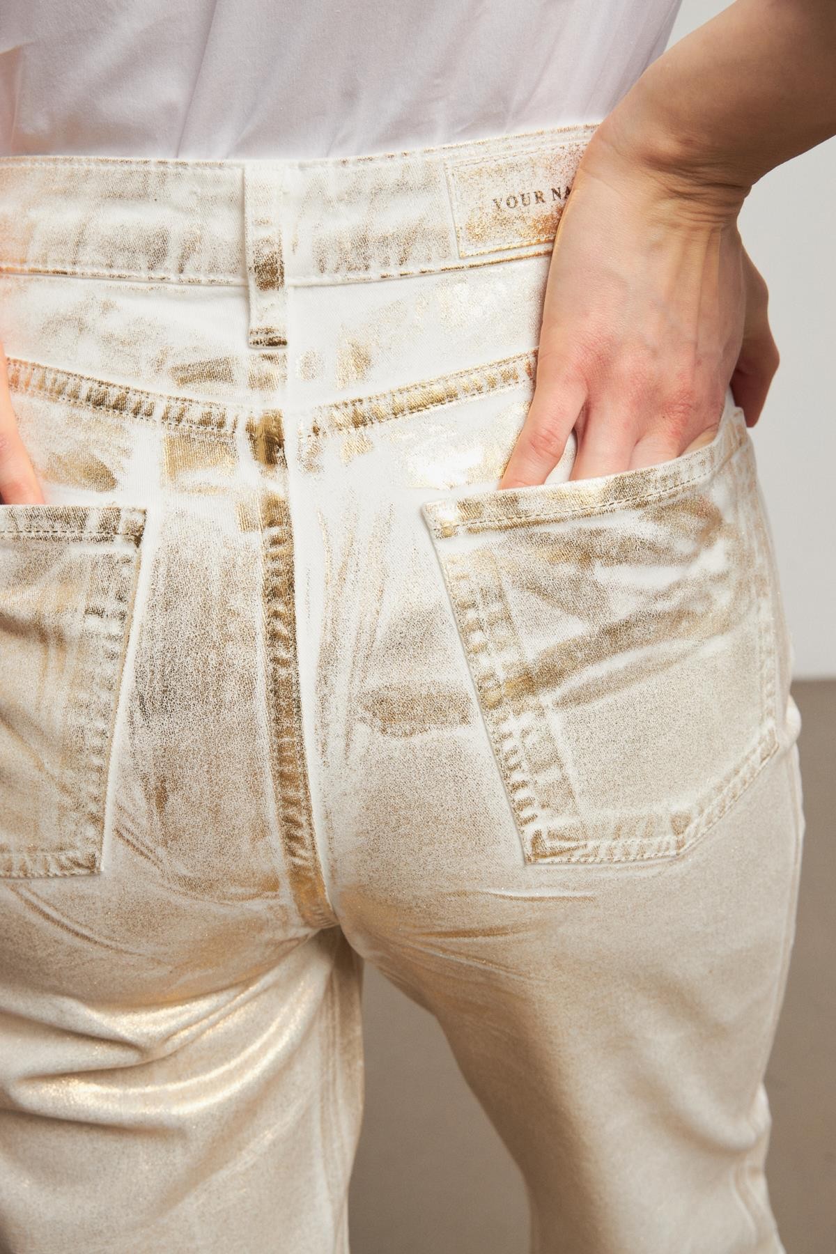 Yüksek Bel Sarı Varaklı Kadın Wide Leg Jean