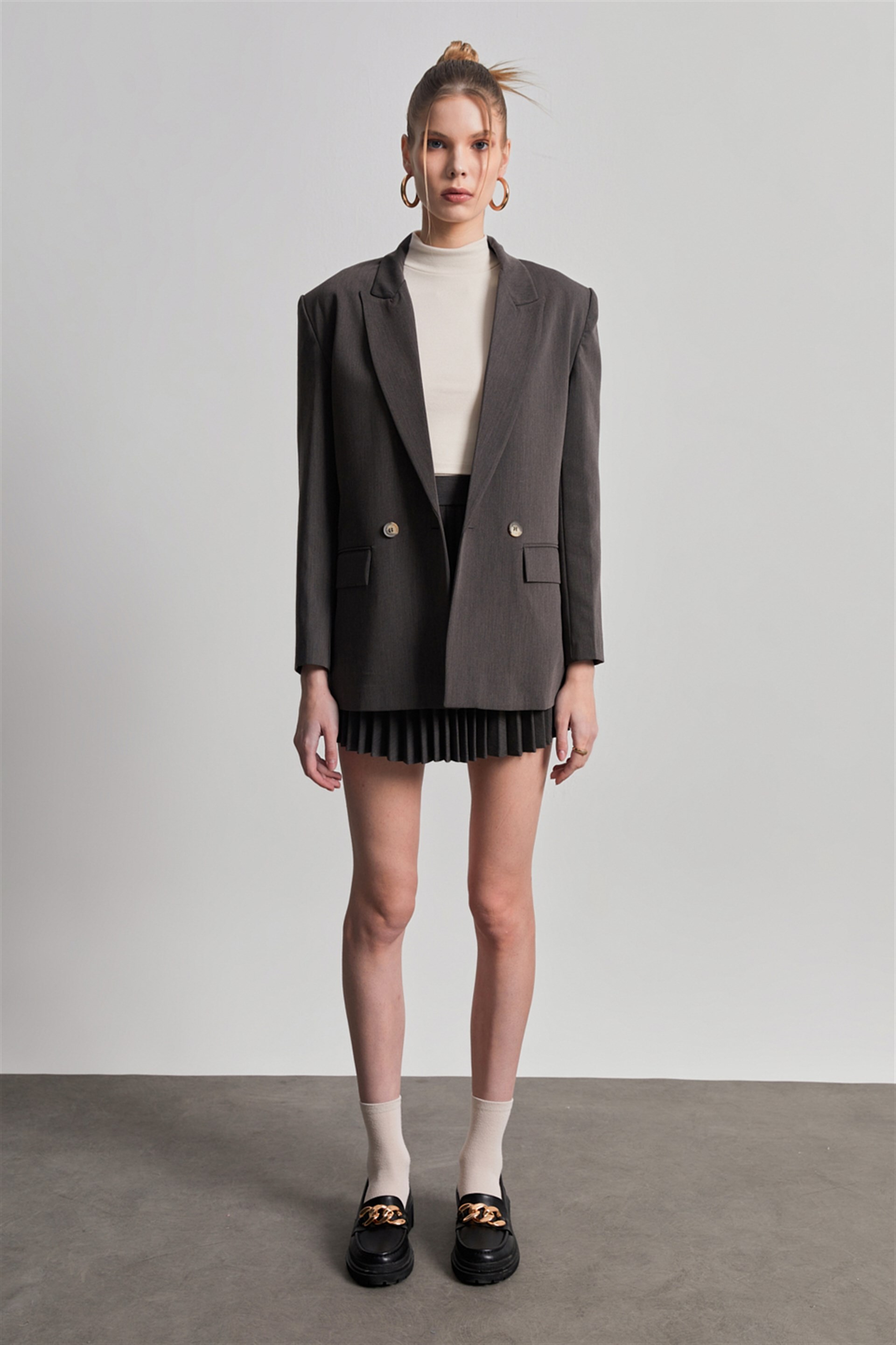 Kruvaze Yaka Vatkalı Oversize Blazer Ceket Füme