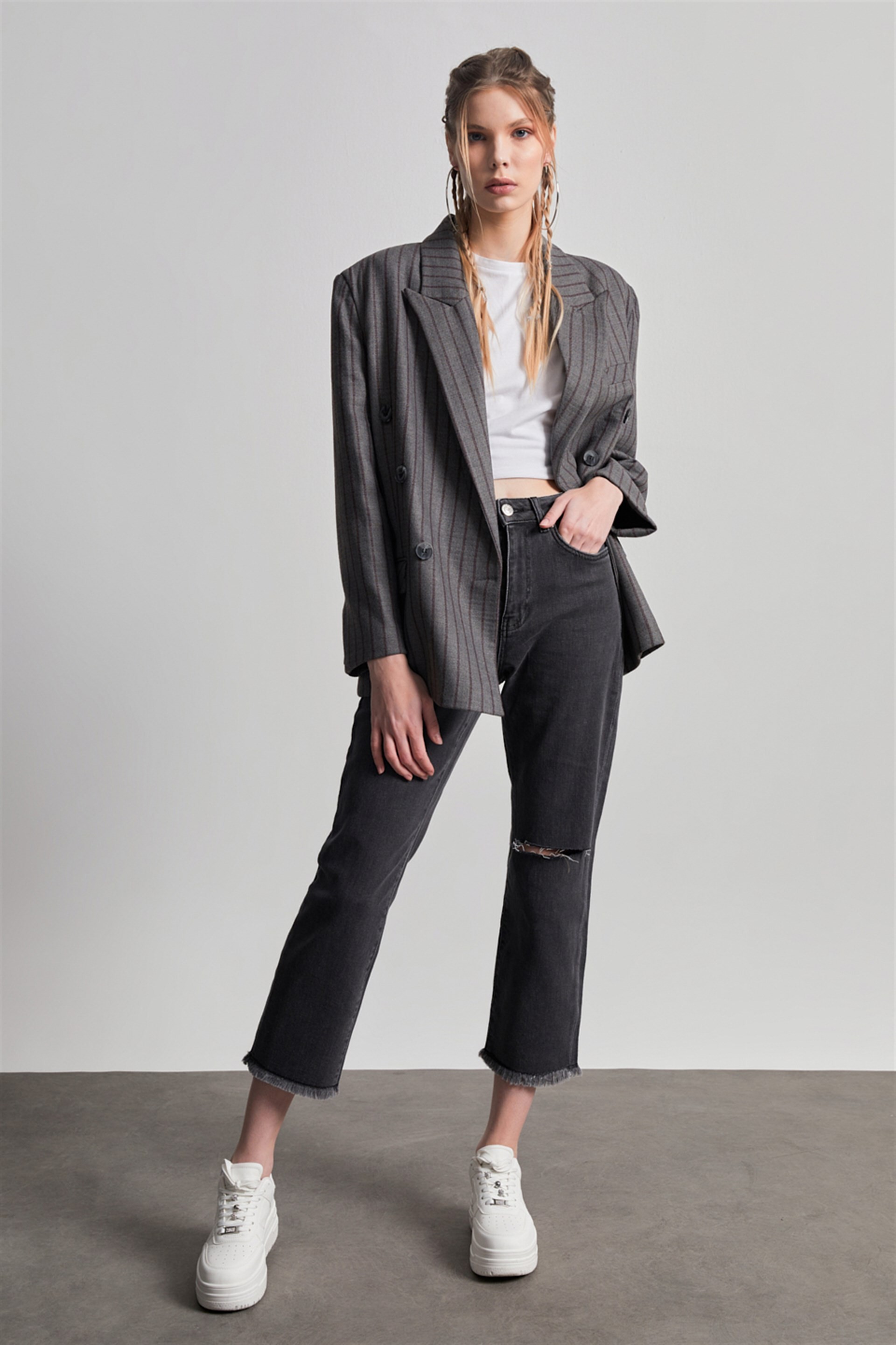 Bordo Çizgili Maskülen Oversize Kaşe Blazer Ceket
