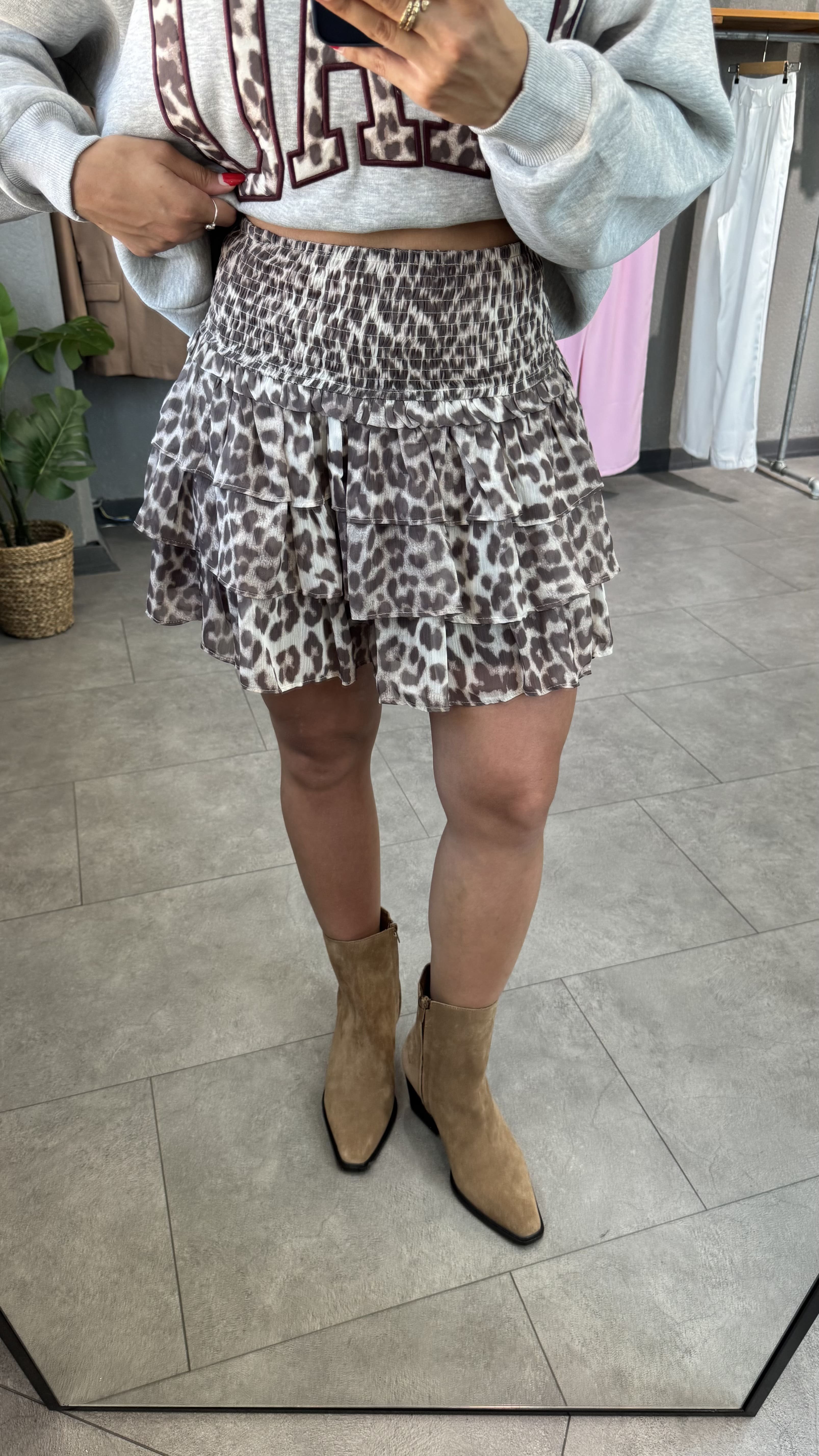 Beli Lastikli Katmanlı Leopar Desen Mini Etek