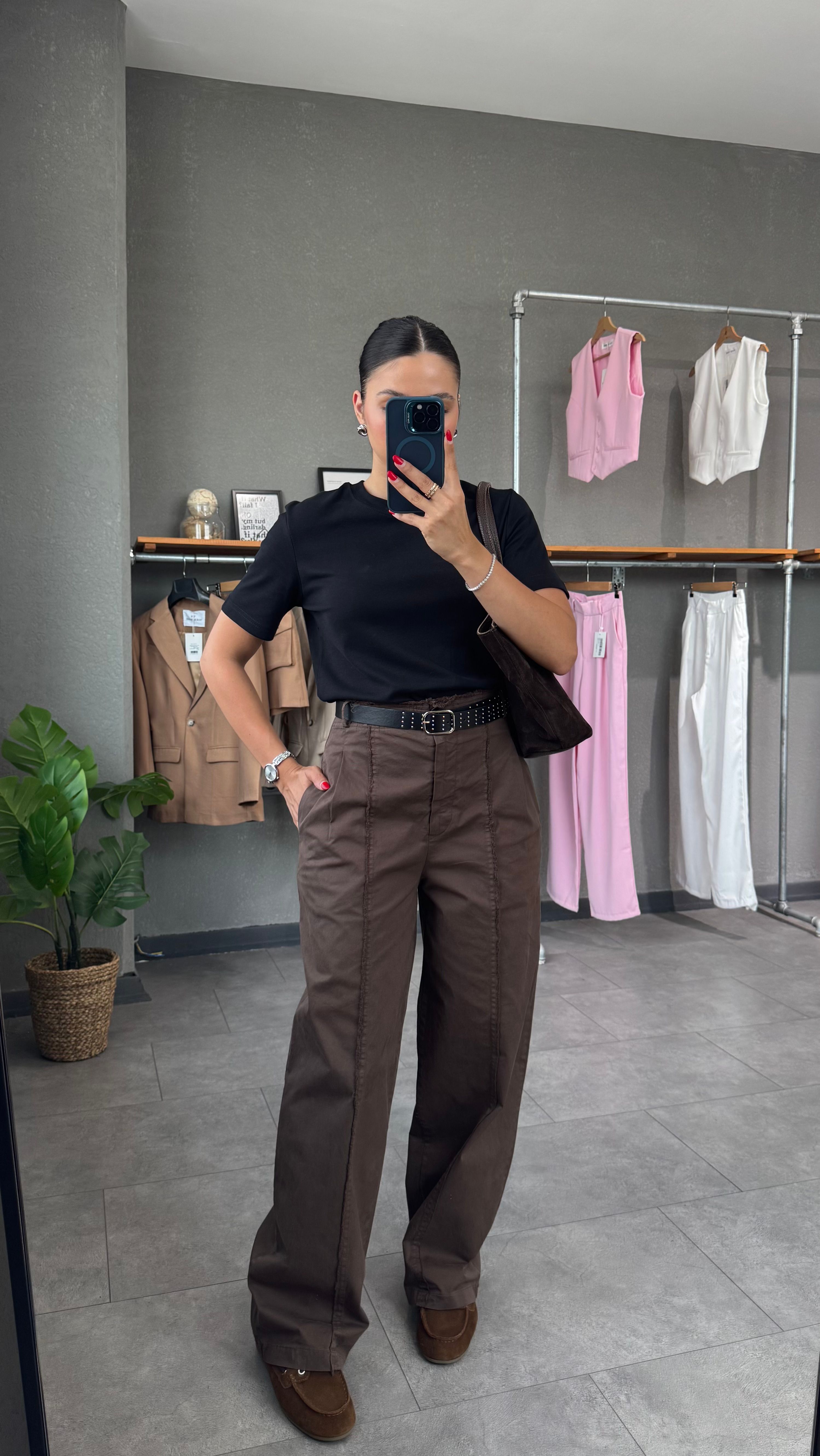 Kemerli Yüksek Bel Straight Pantolon