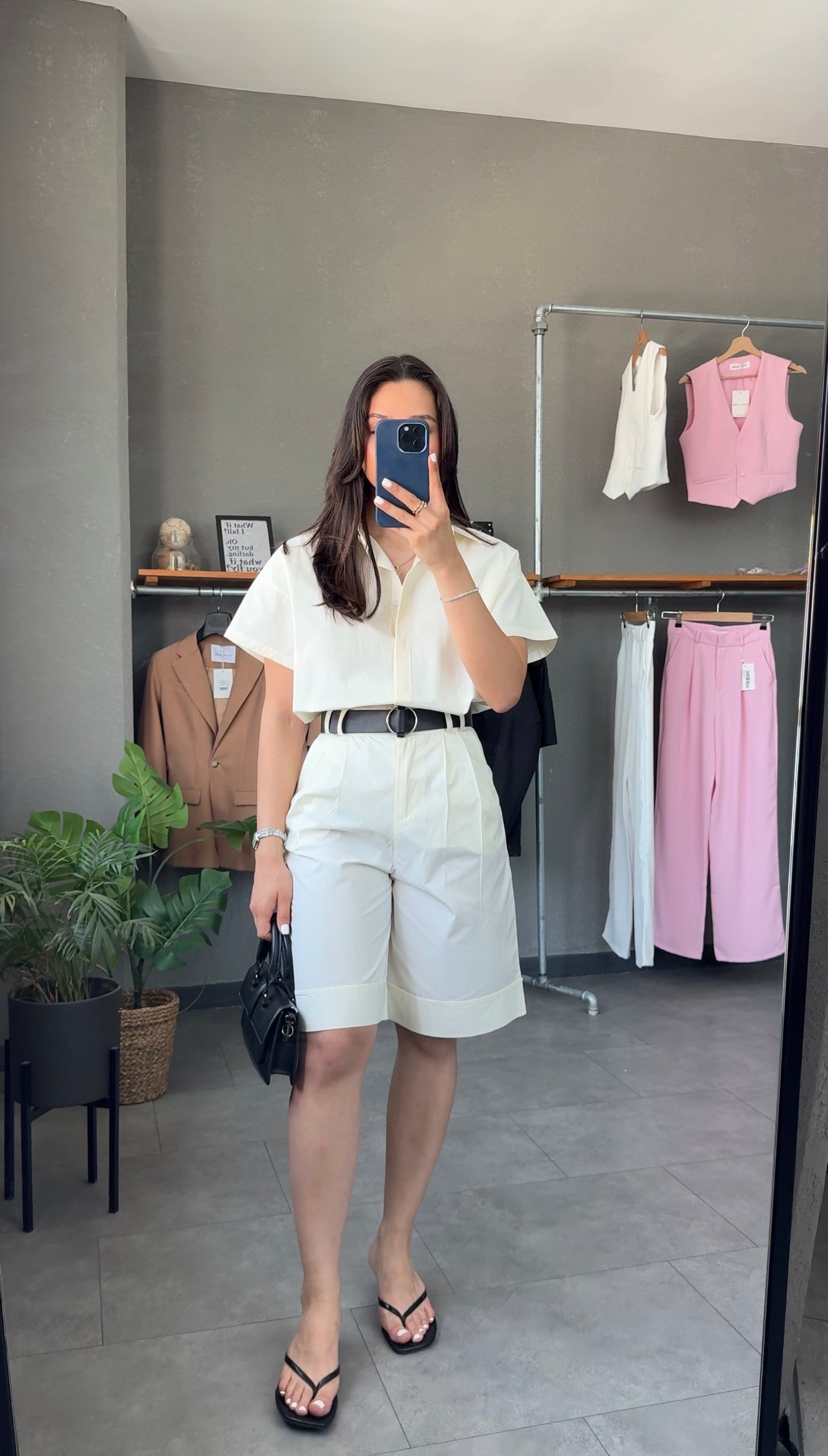 Gabardin Gömlek Kemerli Bermuda Şort Takım - Ekru