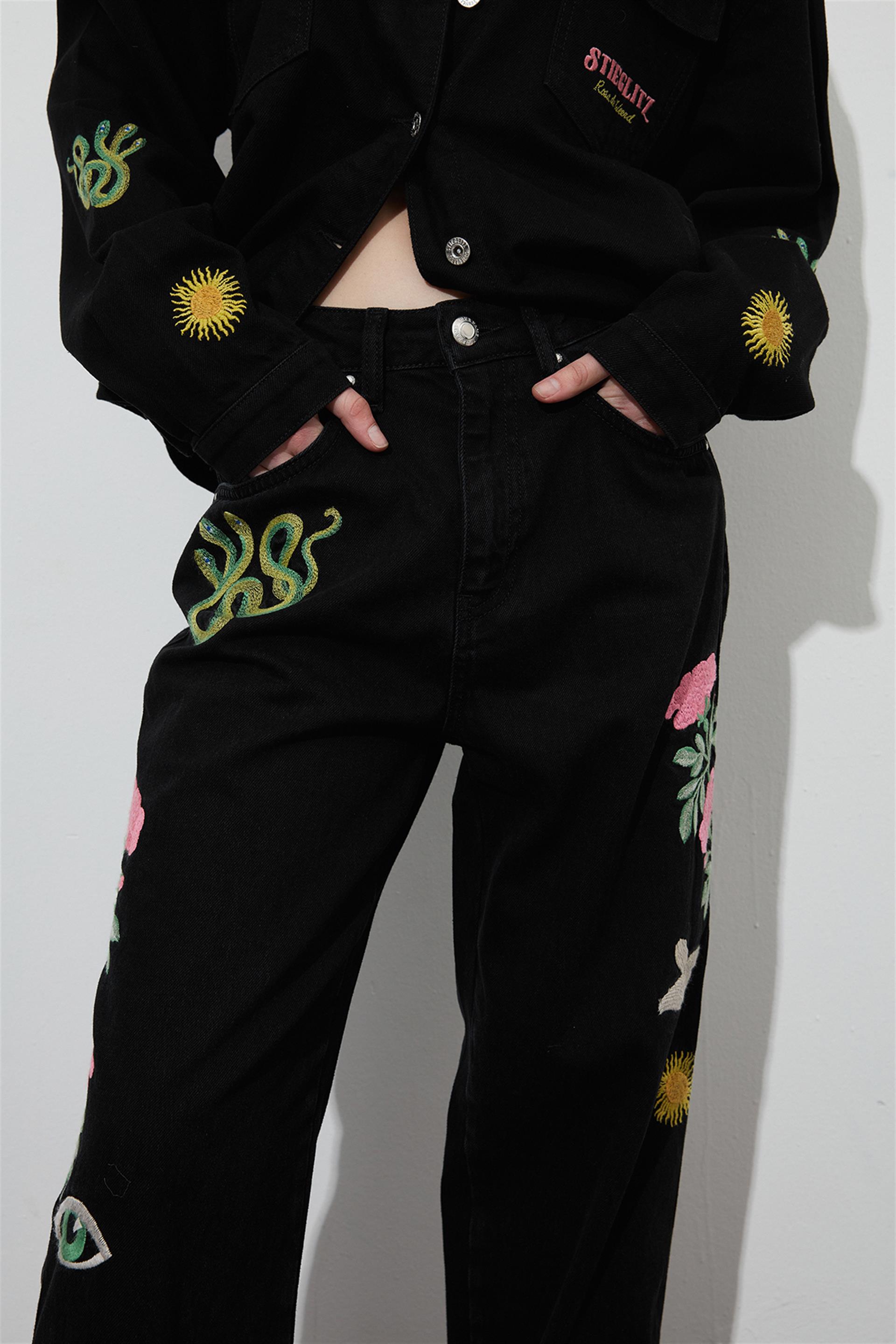 LIMITED EDITION Siyah Nakış Detaylı Wide Leg Rosa Jean