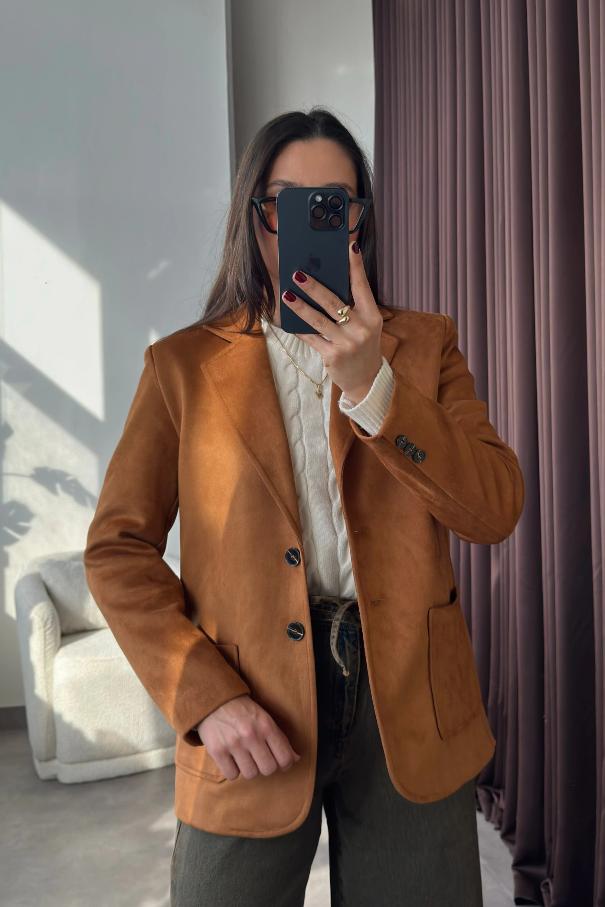 Vatkalı Cep Detaylı Taba Süet Kadın Blazer Ceket