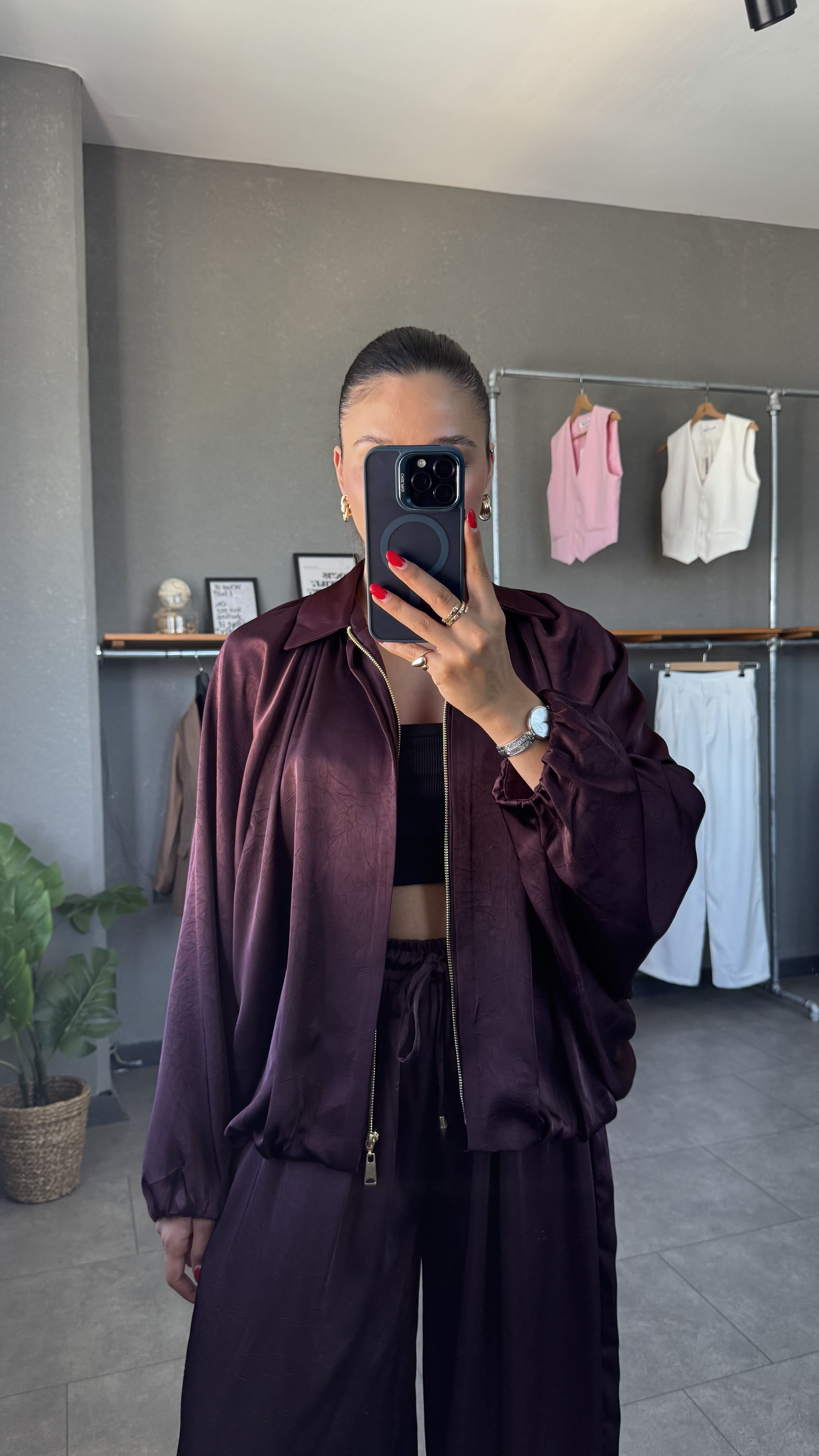 Saten Bomber Ceket - Bordo