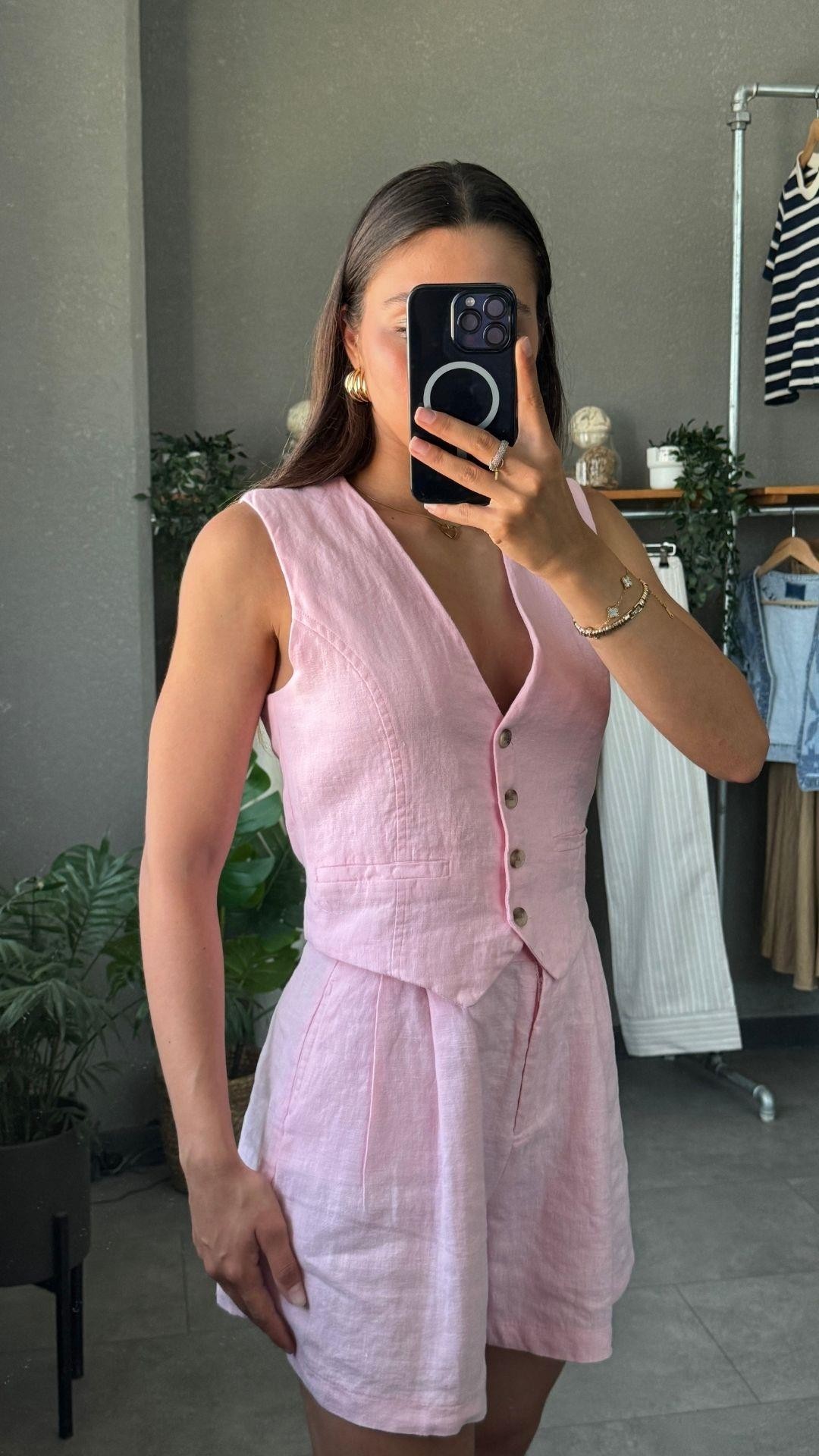 Pileli Yüksek Bel Keten Pembe Kadın Şort