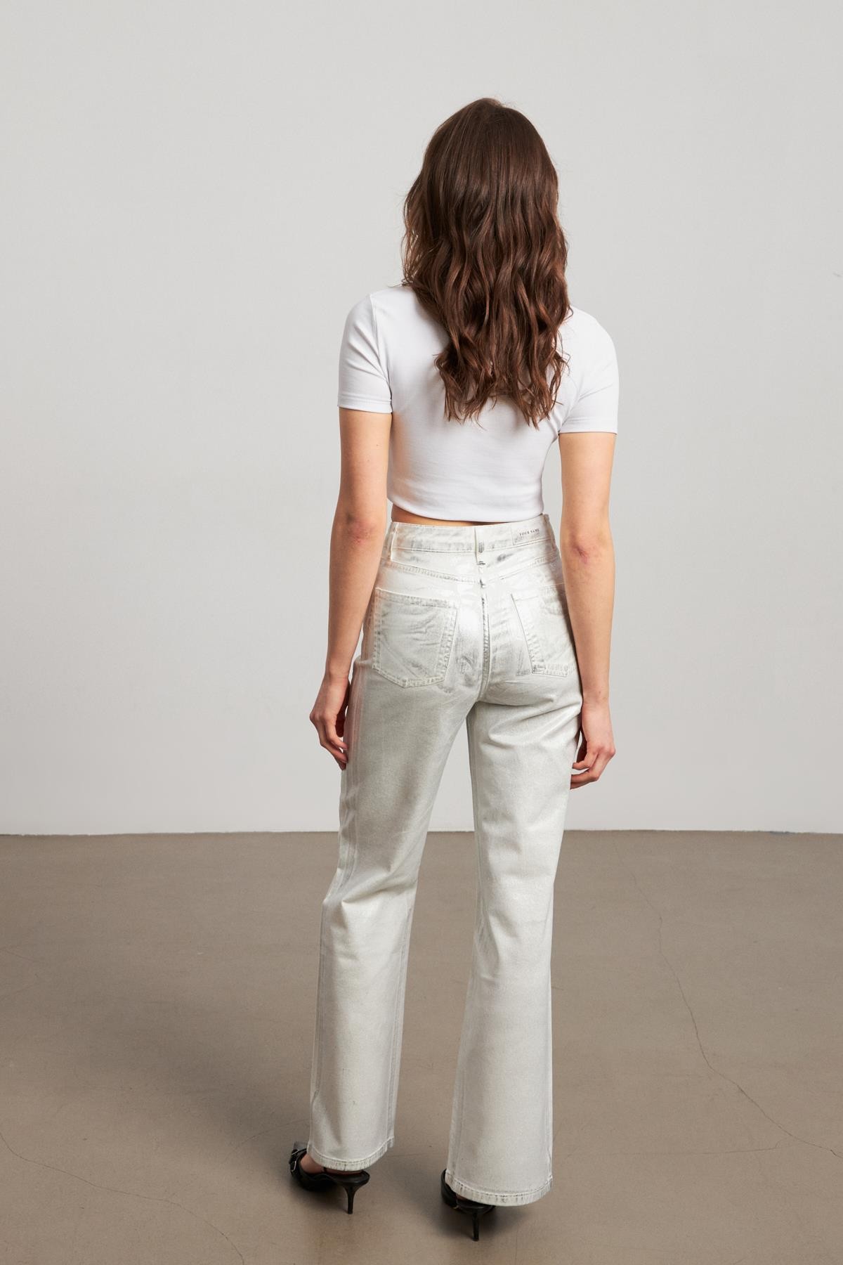 Yüksek Bel Gümüş Varaklı Kadın Wide Leg Jean