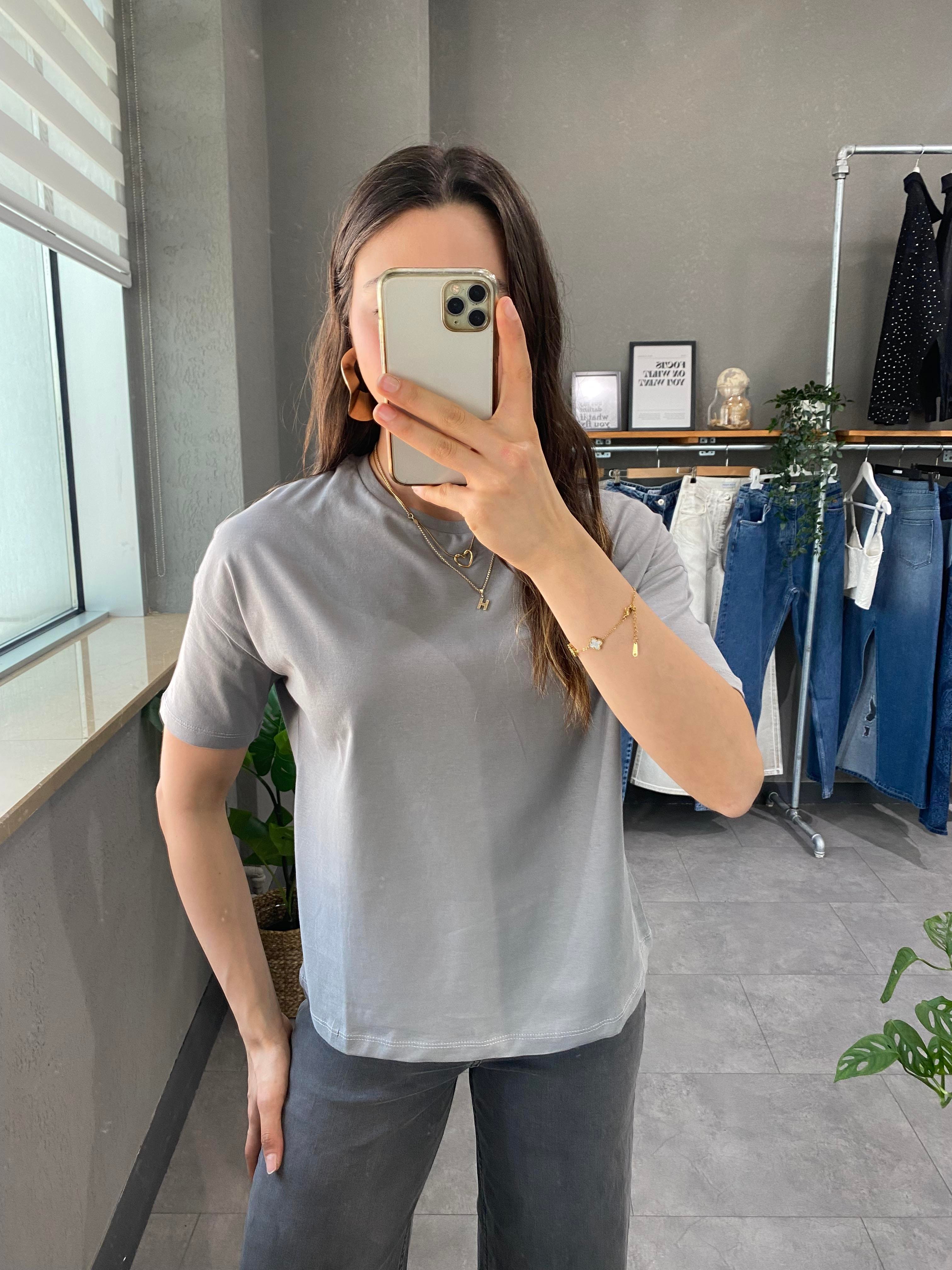 Oversize Bisiklet Yaka Gri Kadın T-shirt