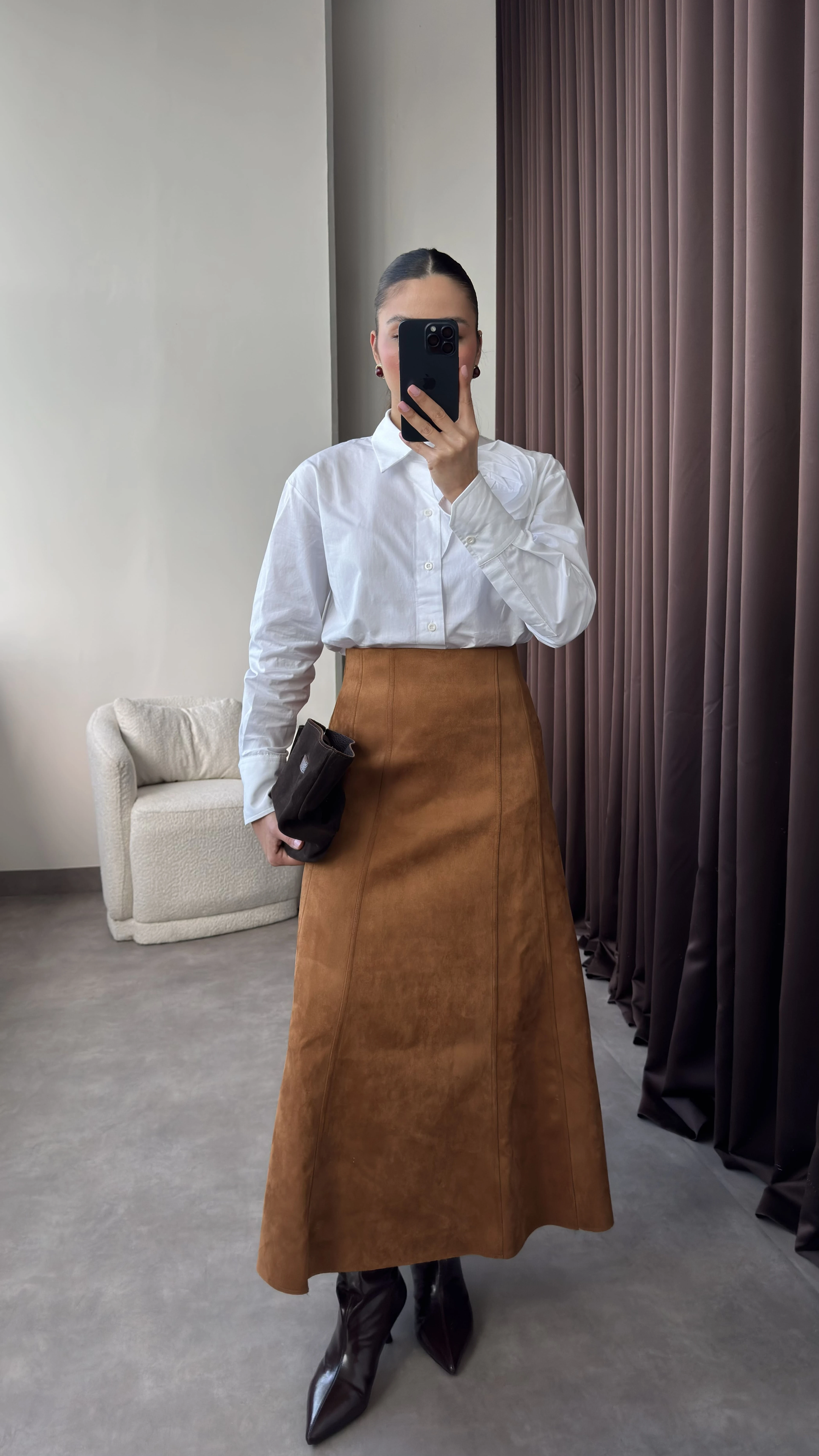 Kadın Taba Uzun Kloş Süet Etek