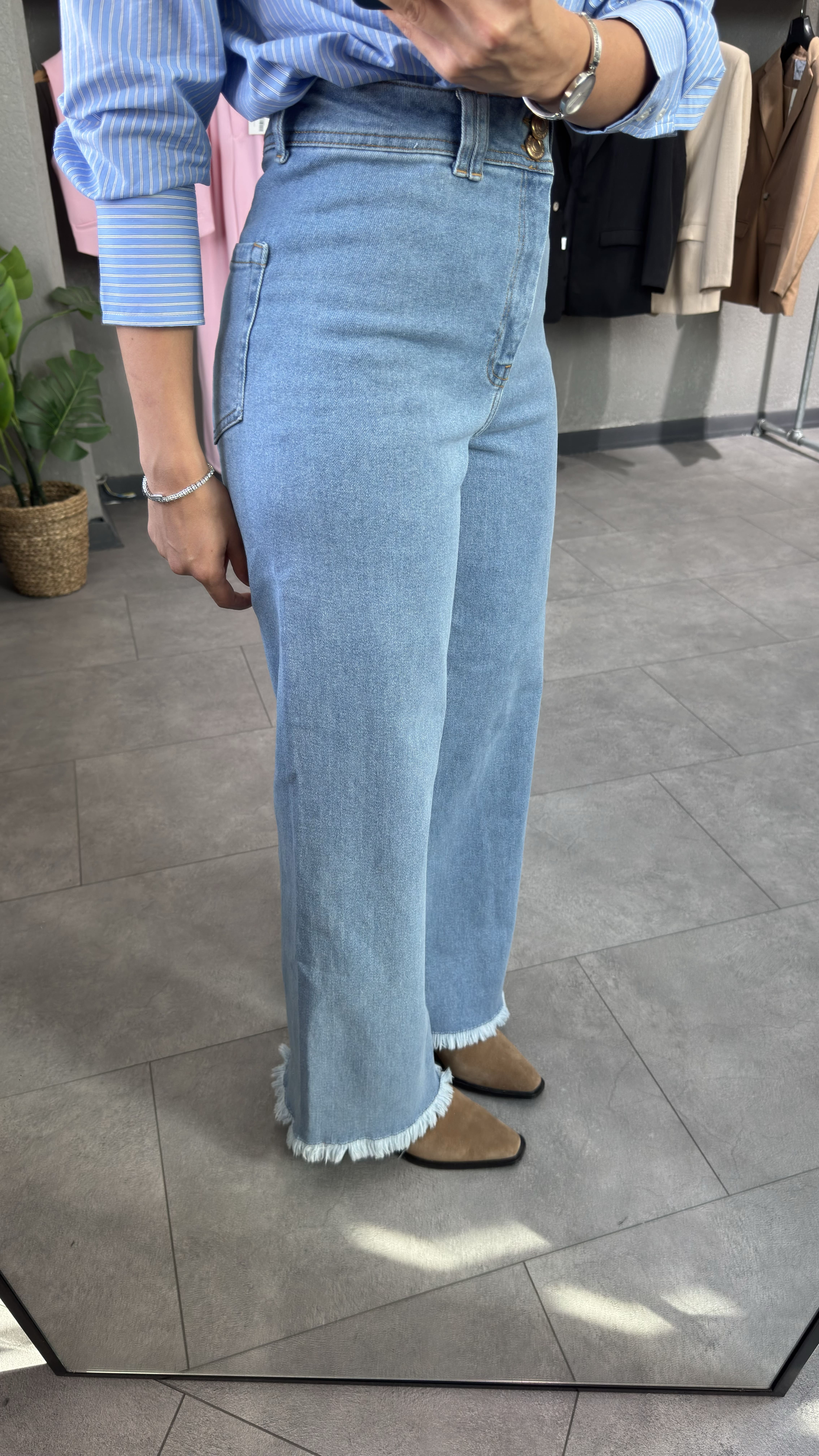 Yüksek Bel Pis Paça Mavi Kadın Wide Leg Jean