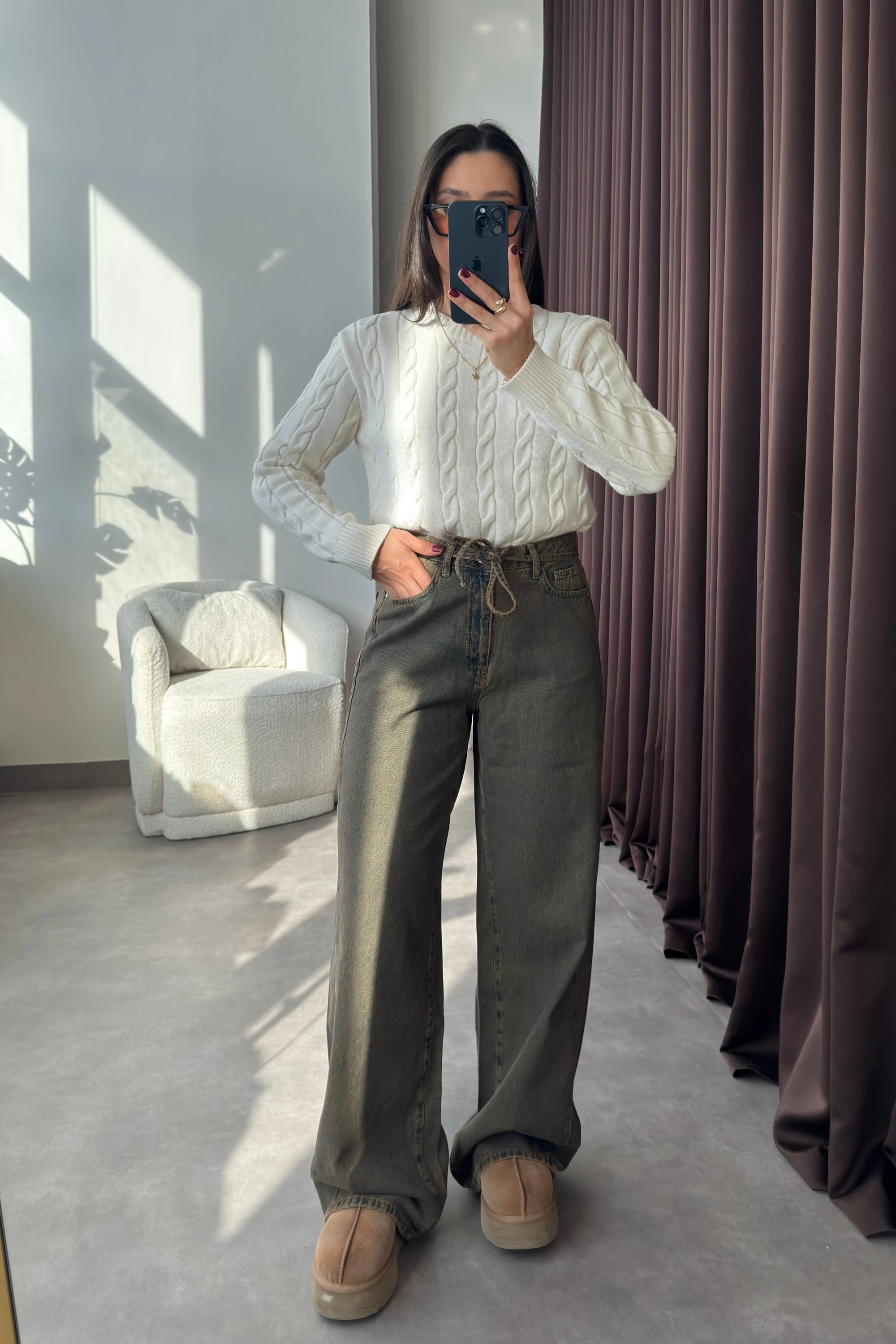 Yüksek Bel Beli Kordonlu Yeşil Wide Leg Kadın Jean