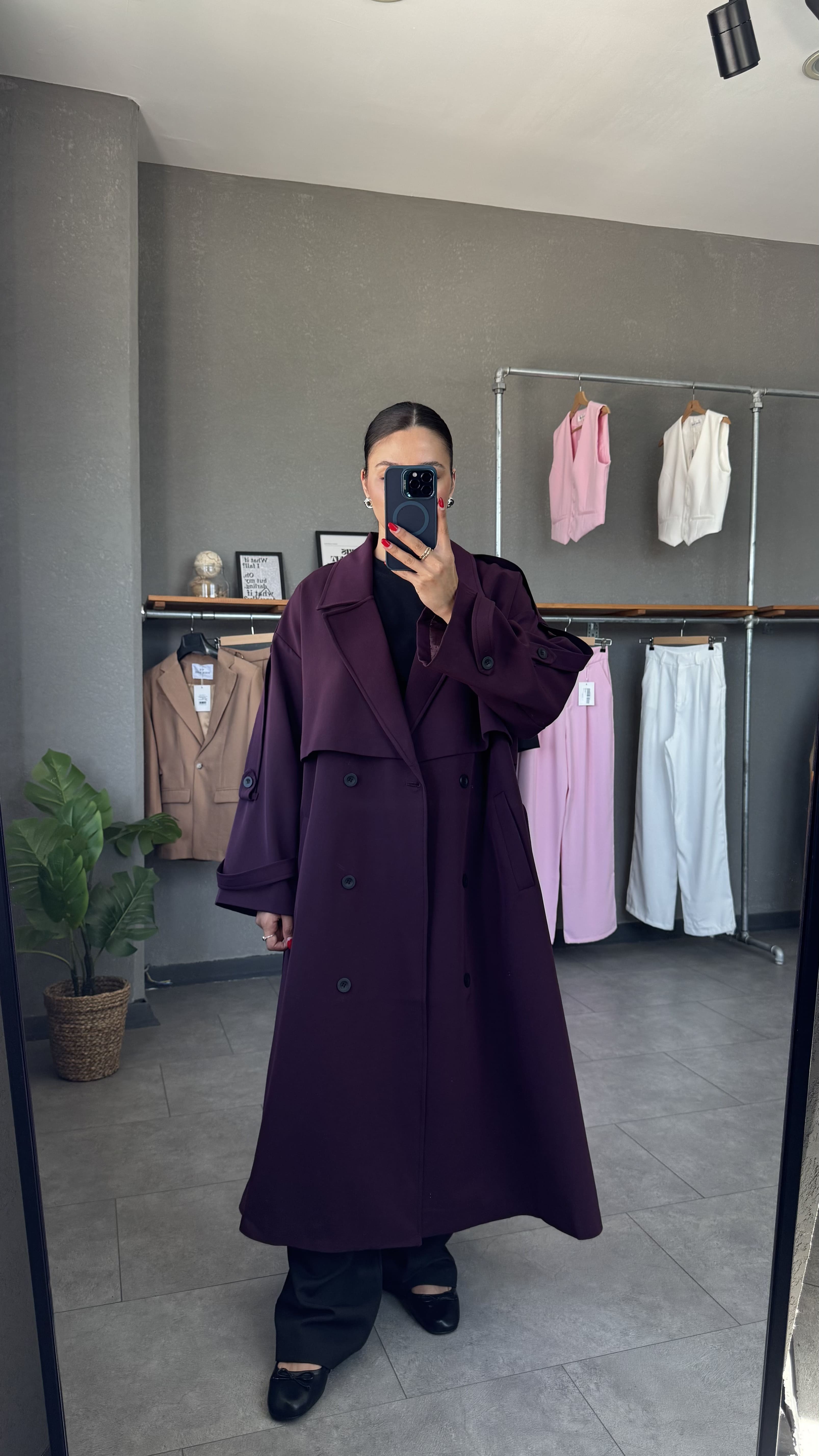 Oversize Premium Uzun Kadın Trençkot - Bordo