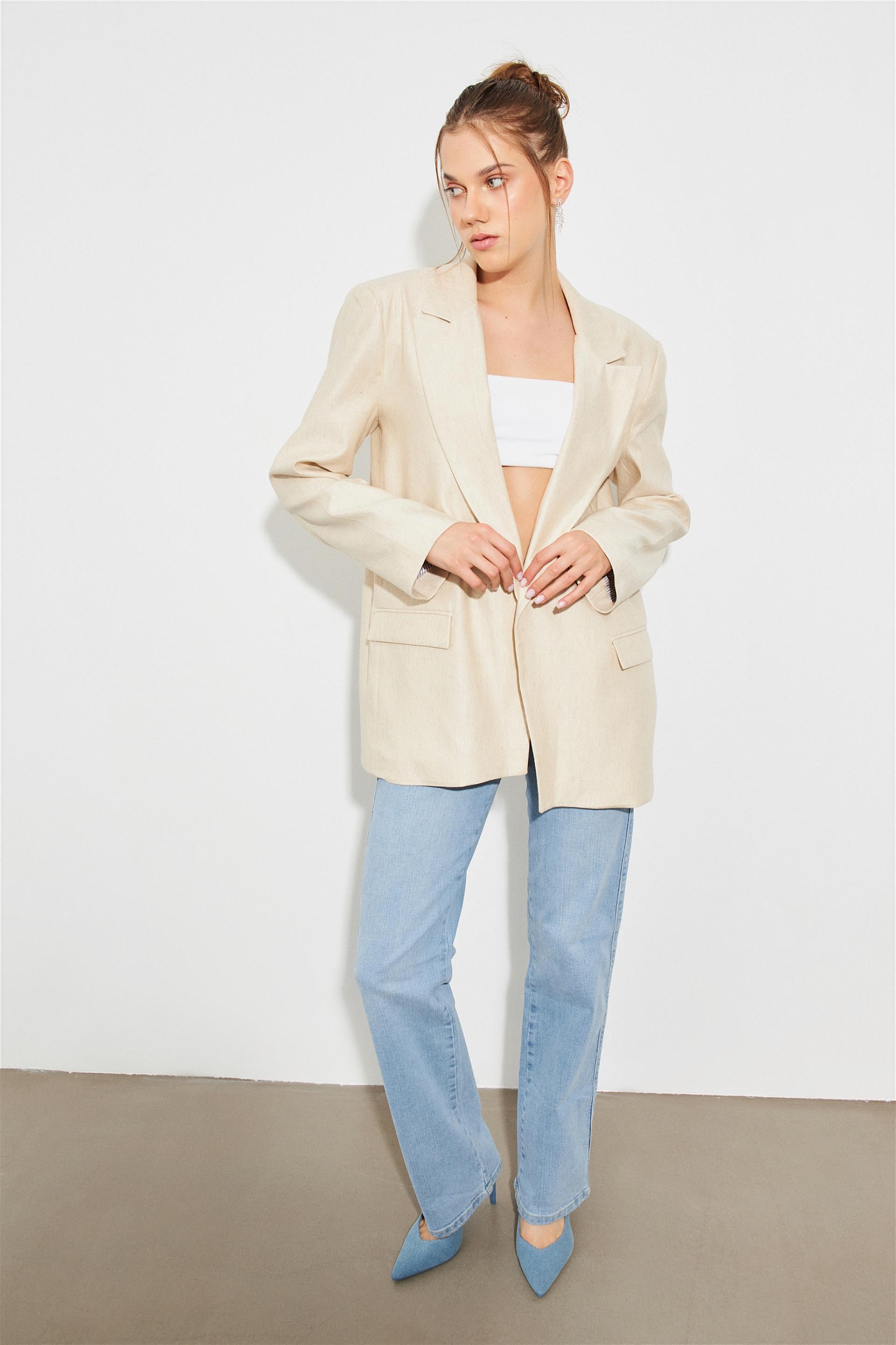 Keten Karışımlı İç Astarı Desenli Straight Fit Blazer Ceket