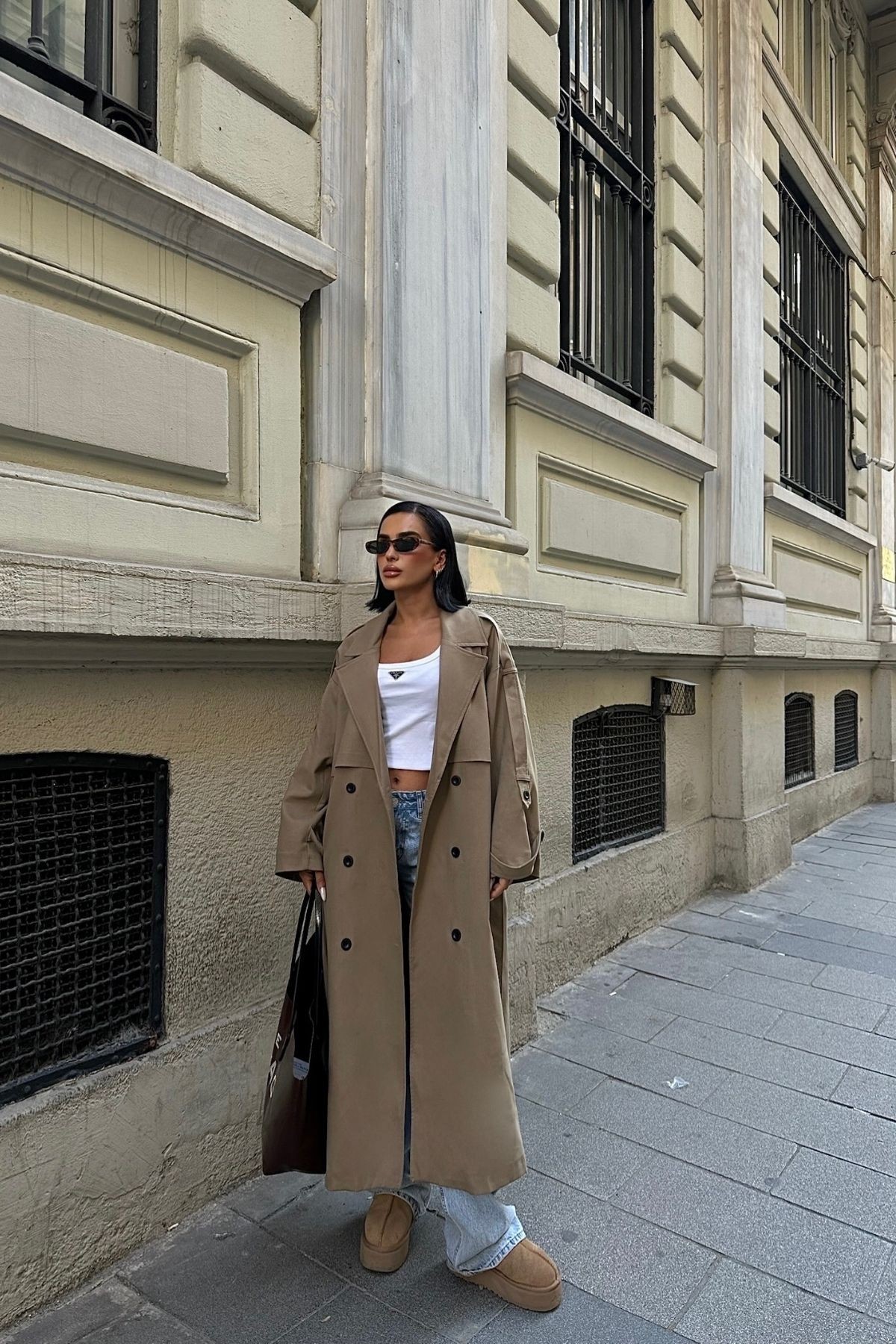 Oversize Premium Uzun Kadın Trençkot - Camel
