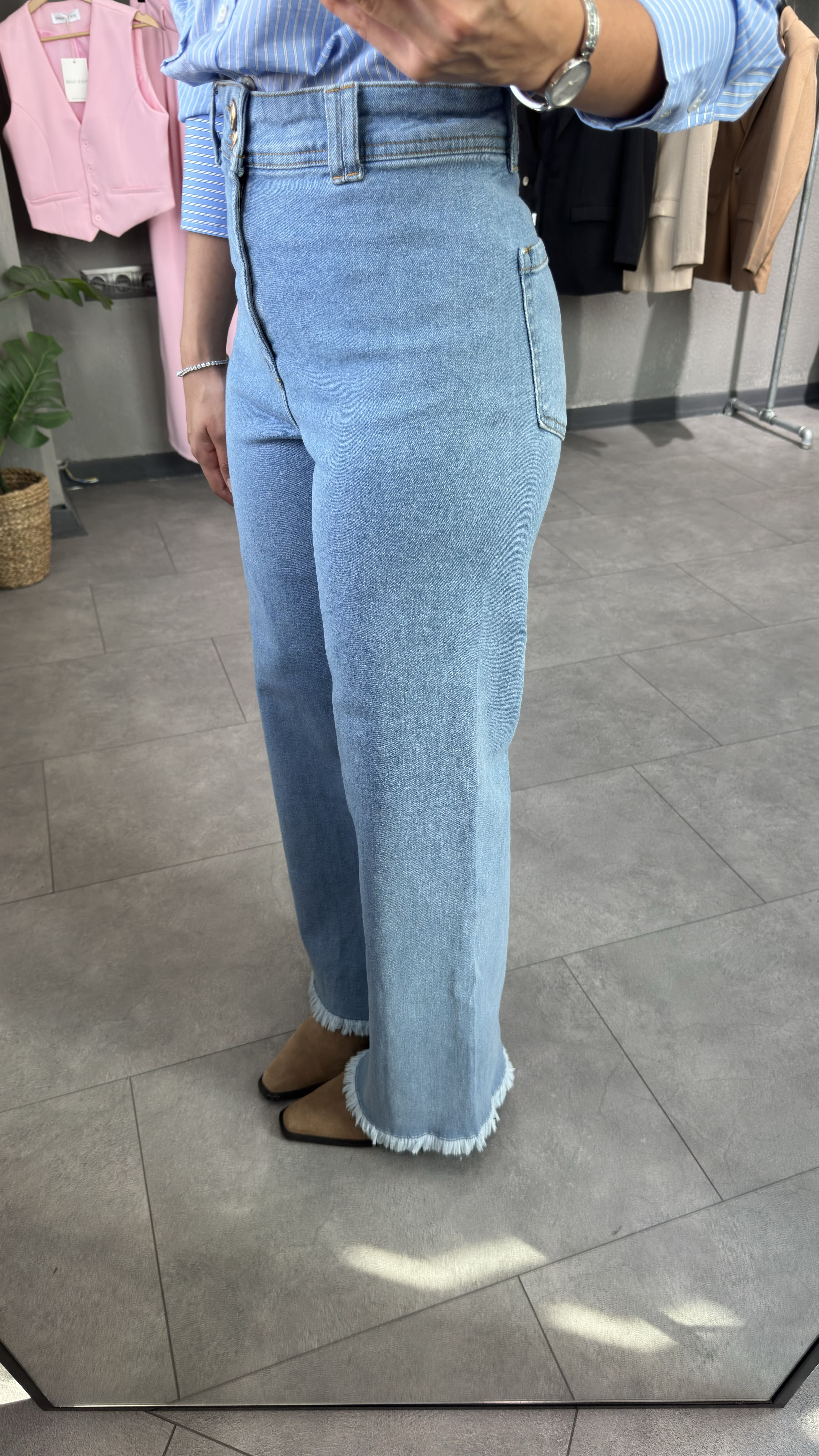 Yüksek Bel Pis Paça Mavi Kadın Wide Leg Jean