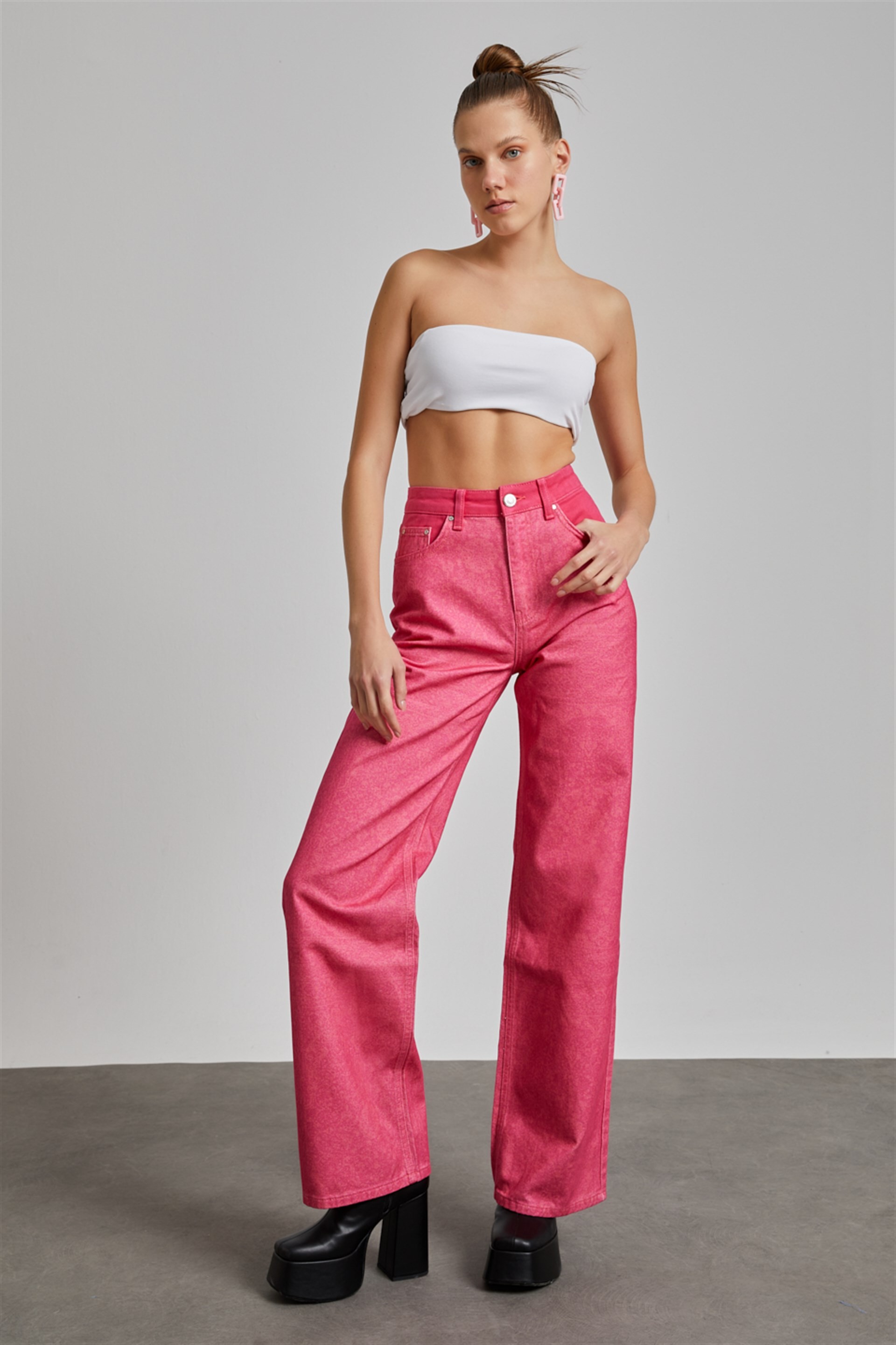 Kadın Fuşya Yüksek Bel Bol Paça Wide Leg Signature Jean
