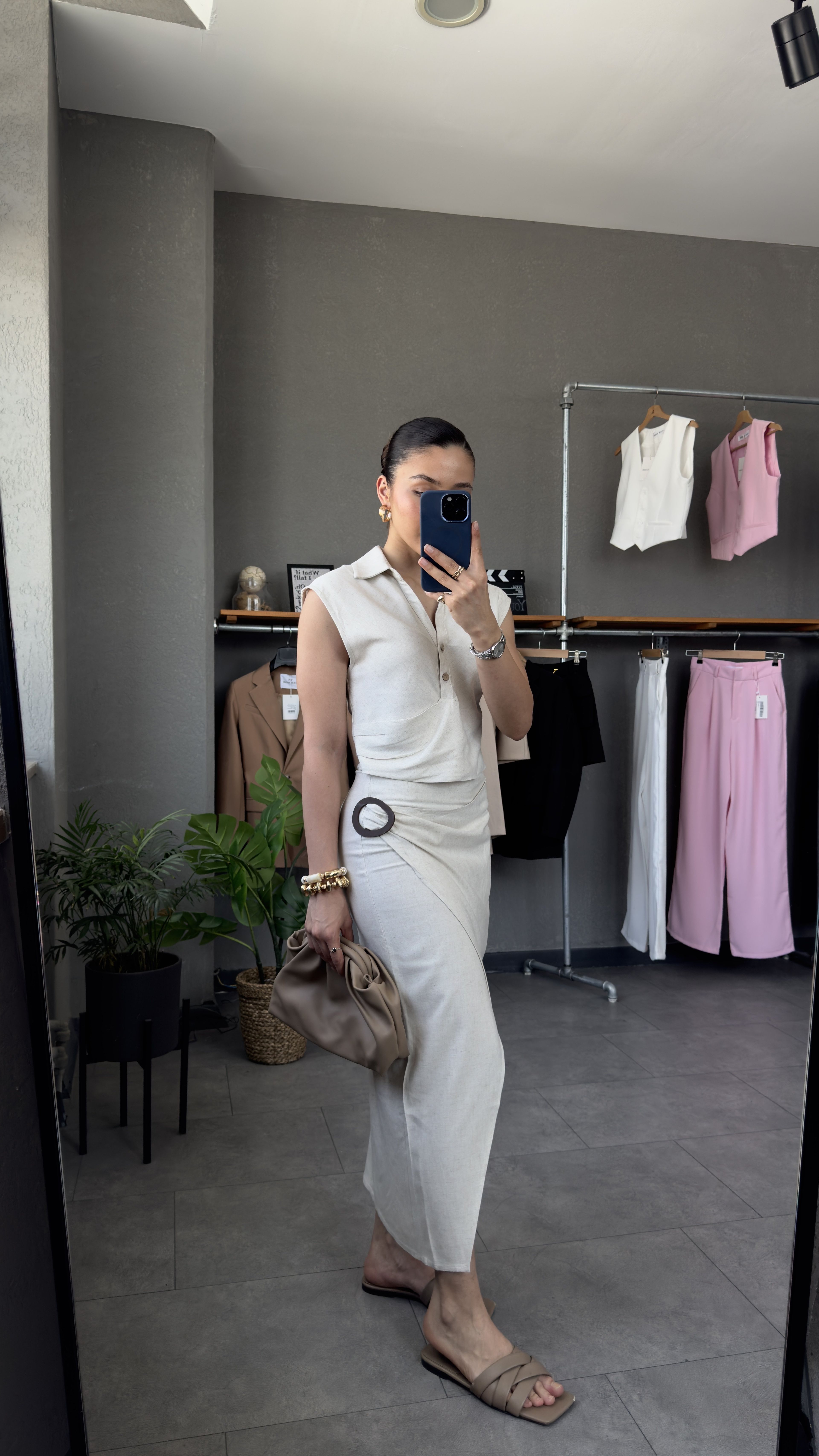 Tokalı Etek Crop Bluz Keten Takım