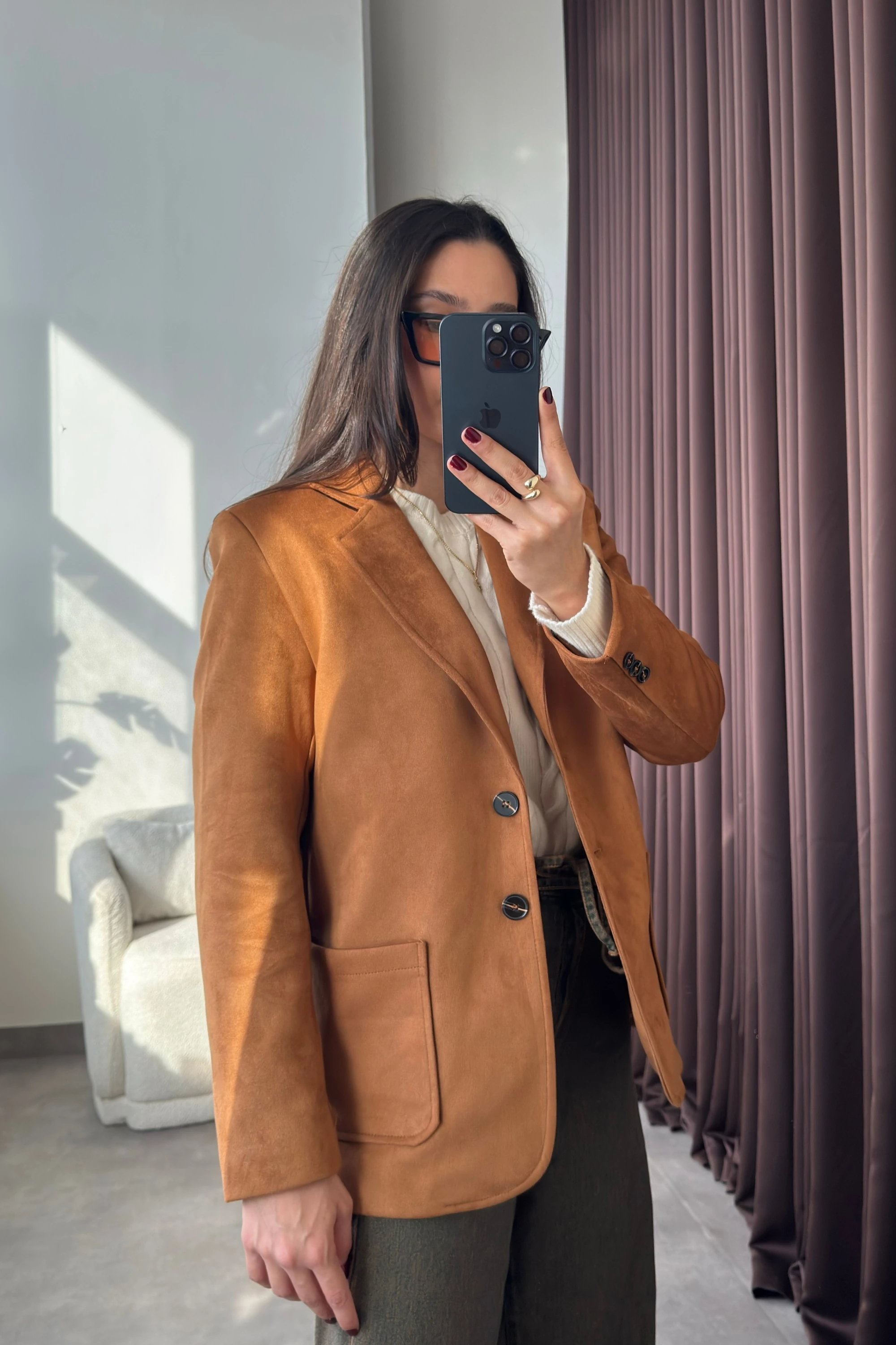 Vatkalı Cep Detaylı Taba Süet Kadın Blazer Ceket