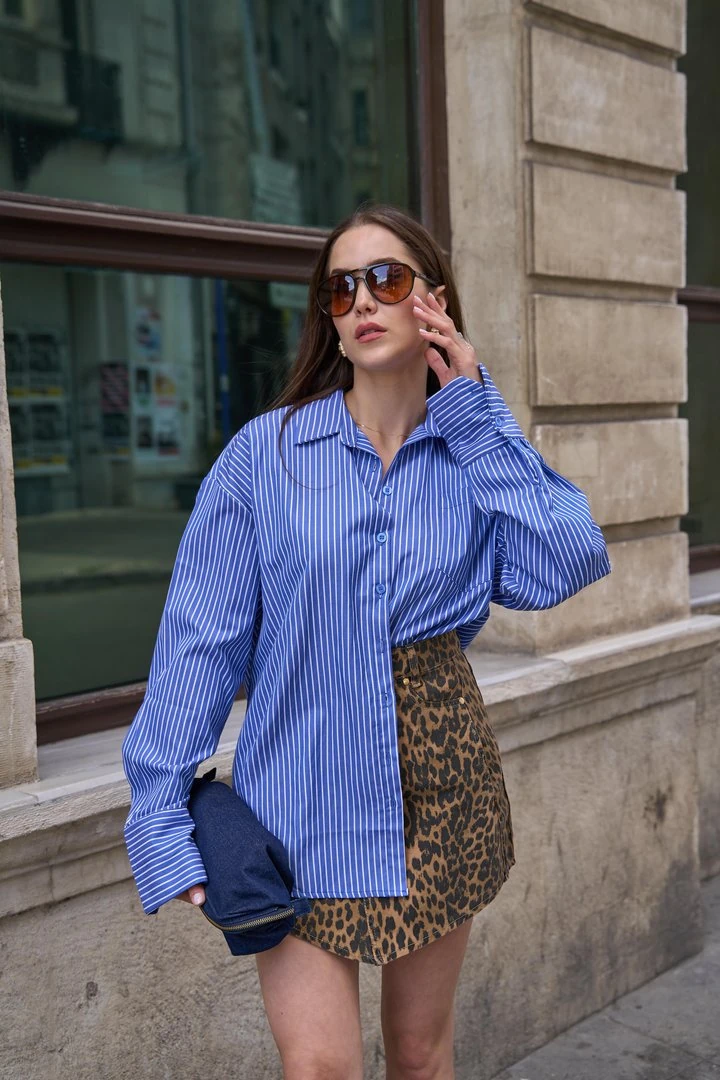 Poplin Oversize Çizgili Koyu Mavi Kadın Gömlek