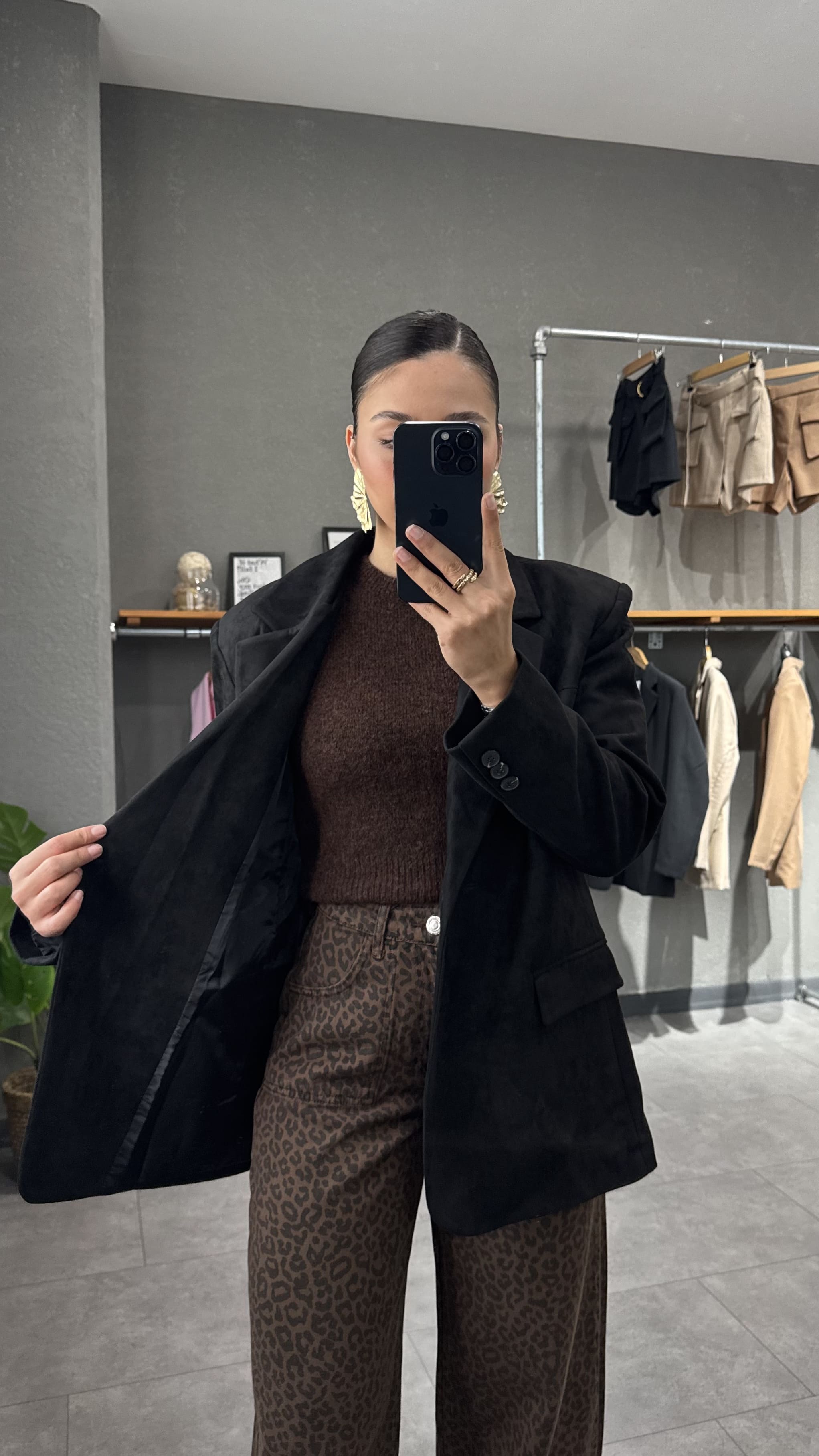 Vatkalı Oversize Süet Siyah Kadın Blazer Ceket