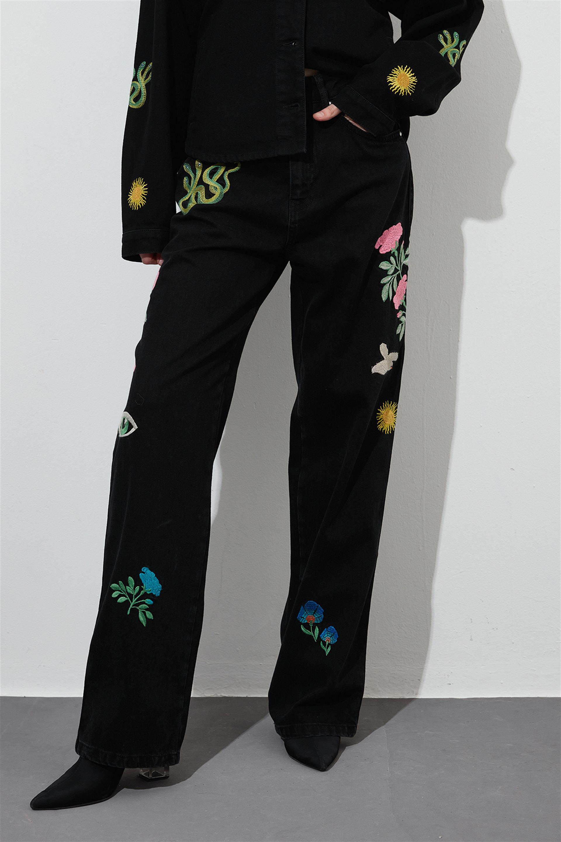 LIMITED EDITION Siyah Nakış Detaylı Wide Leg Rosa Jean