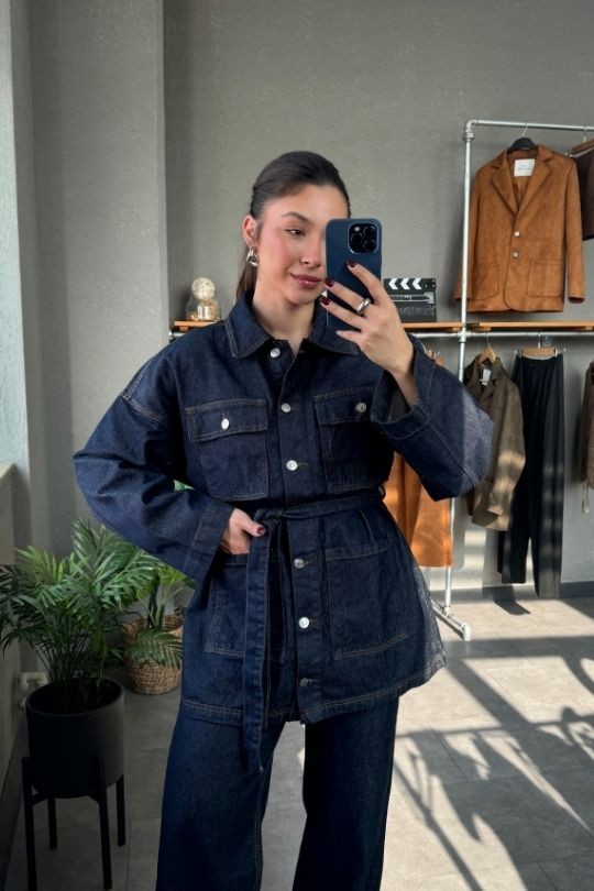 Cep Detaylı Kuşaklı Lacivert Denim ceket Jean Takım