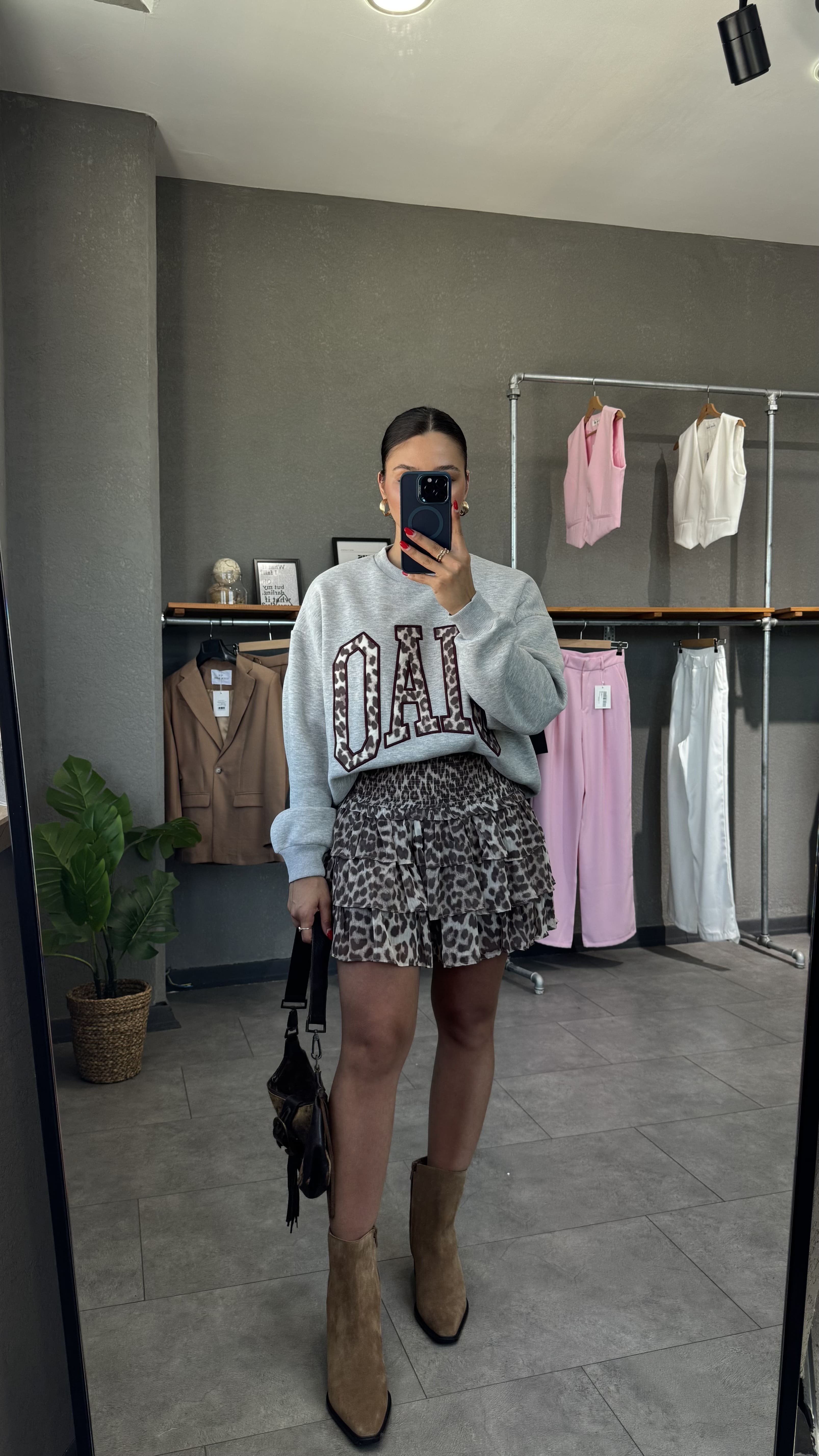 Beli Lastikli Katmanlı Leopar Desen Mini Etek