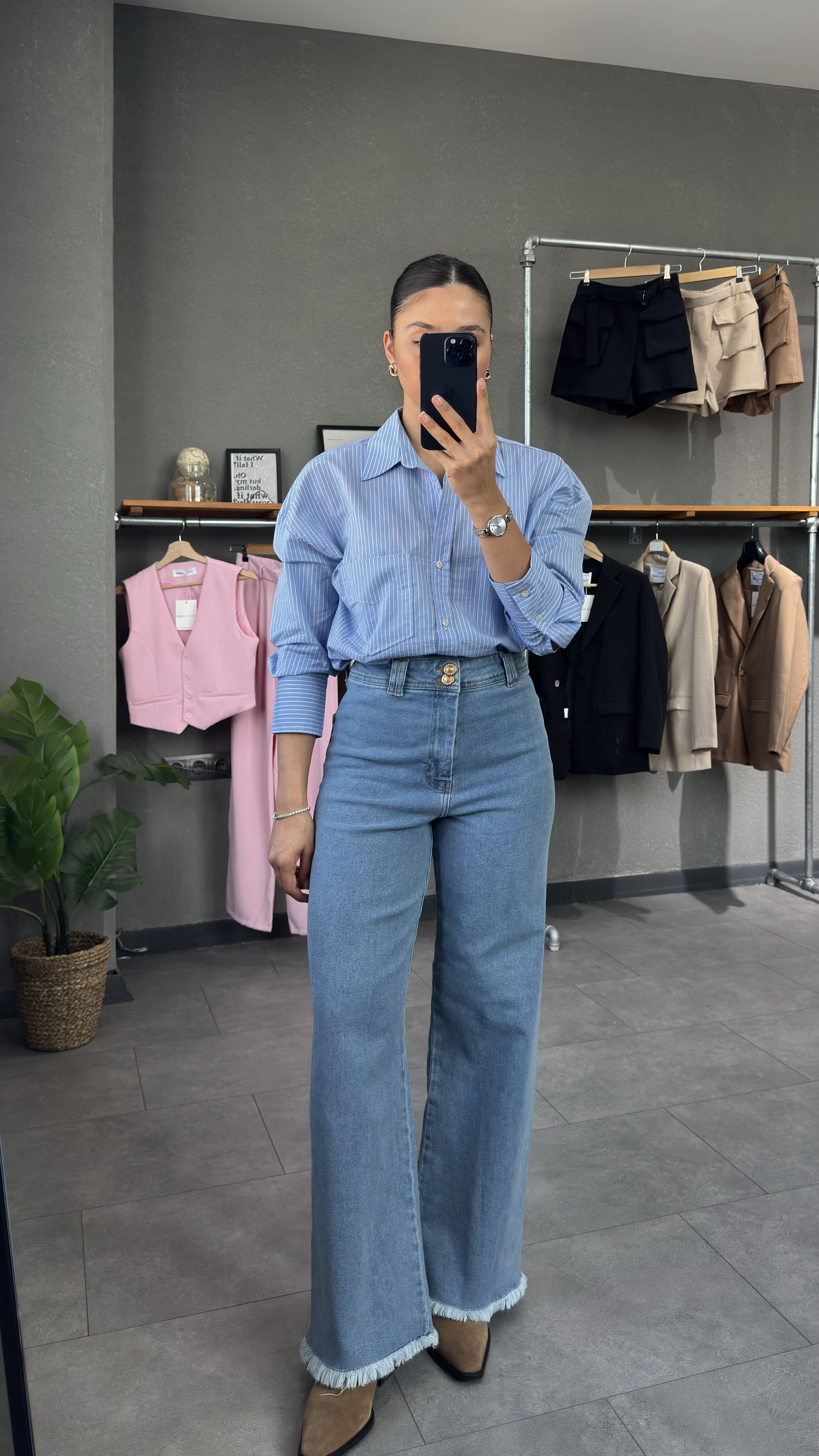 Yüksek Bel Pis Paça Mavi Kadın Wide Leg Jean