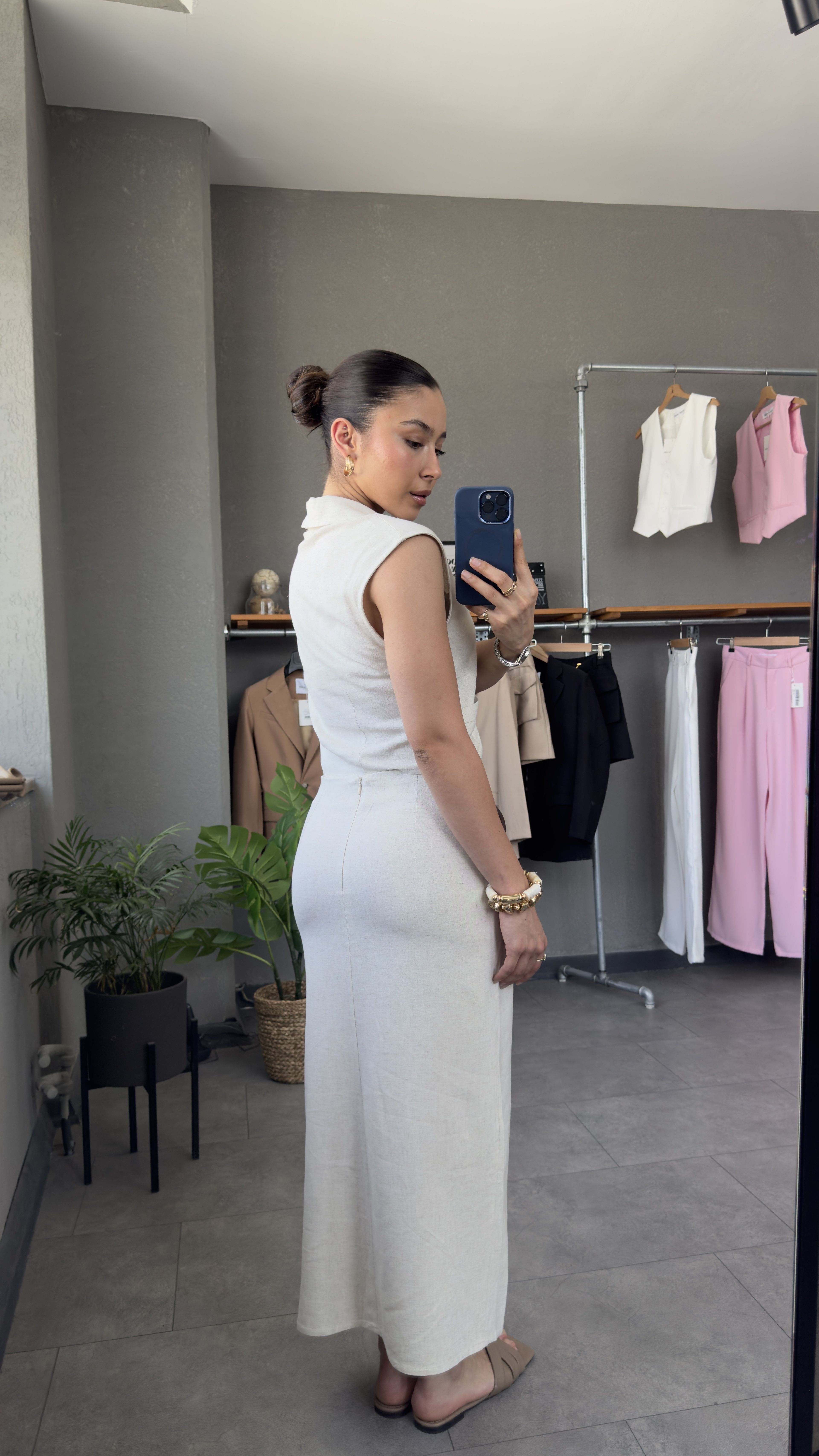 Tokalı Etek Crop Bluz Keten Takım