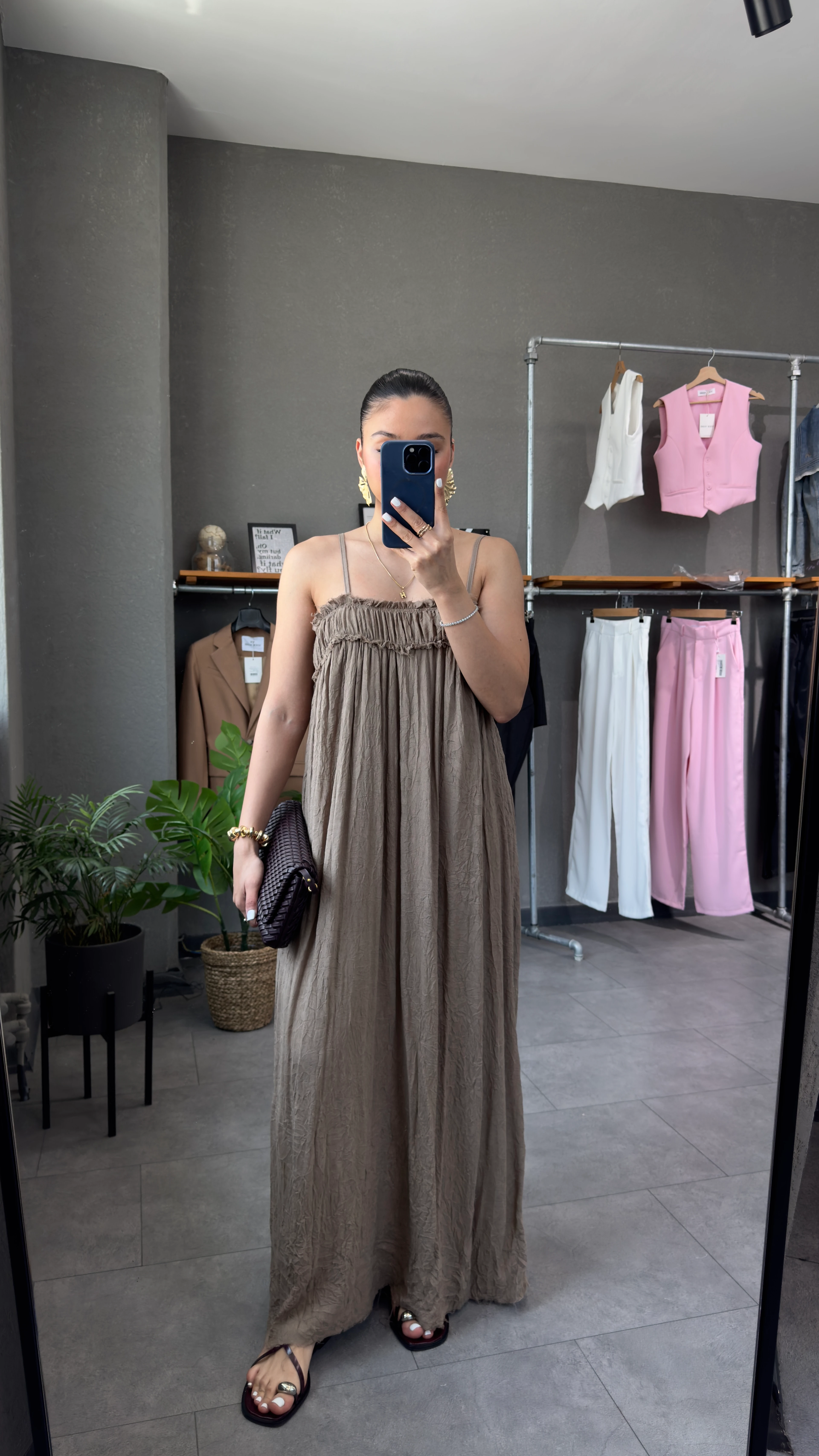 İp Askılı Uzun Elbise - Kahve