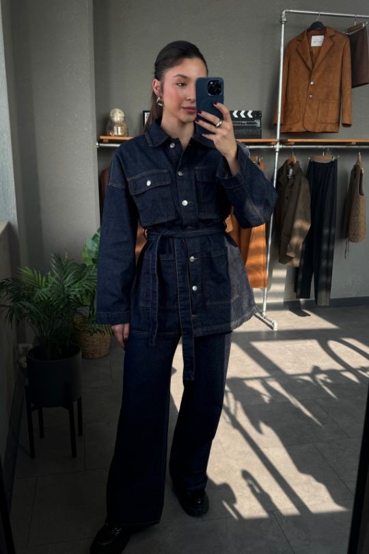 Cep Detaylı Kuşaklı Lacivert Denim ceket Jean Takım