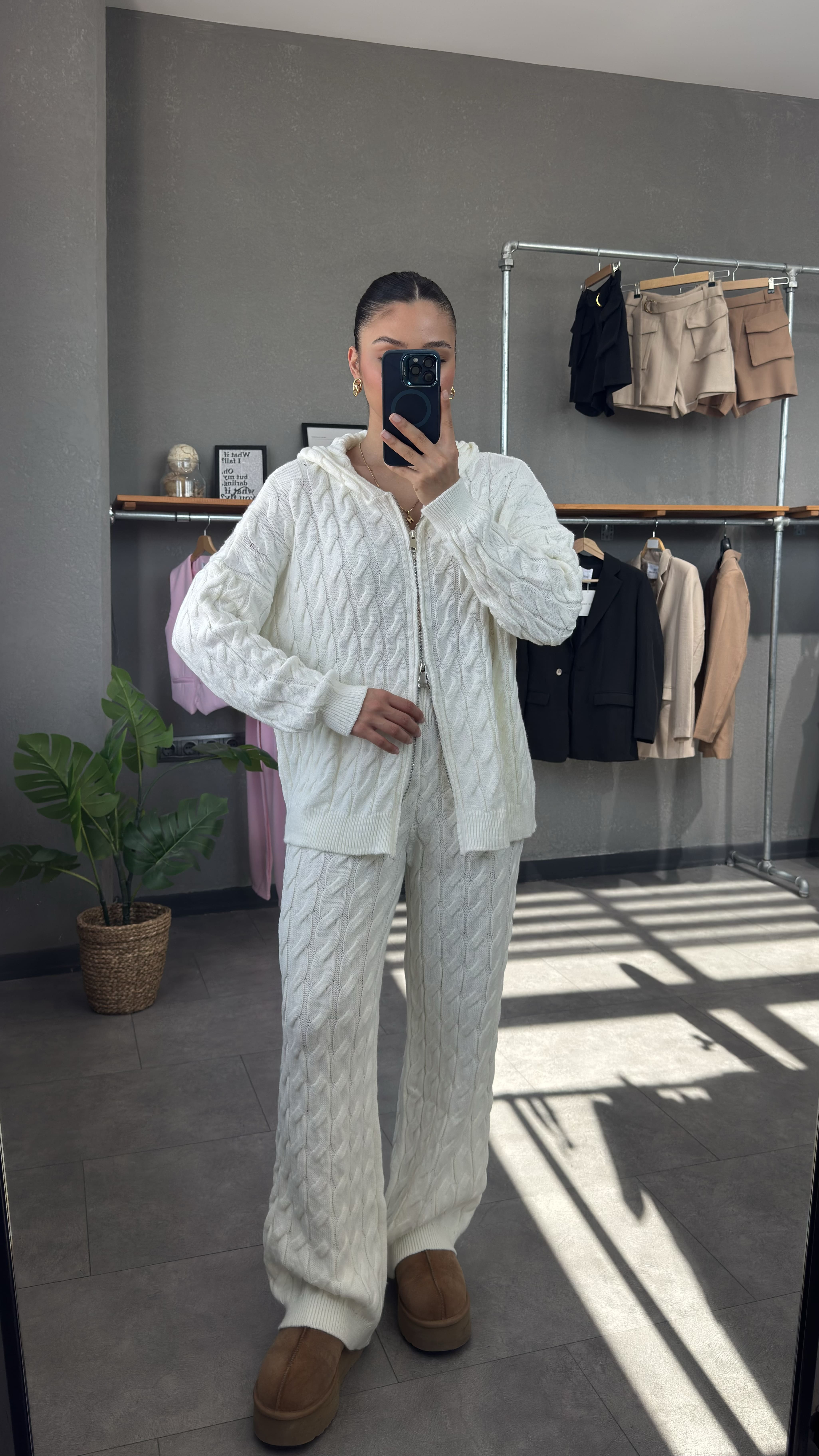 Çift Fermuarlı Kapüşonlu Saç Örgü Triko Takım - Ekru