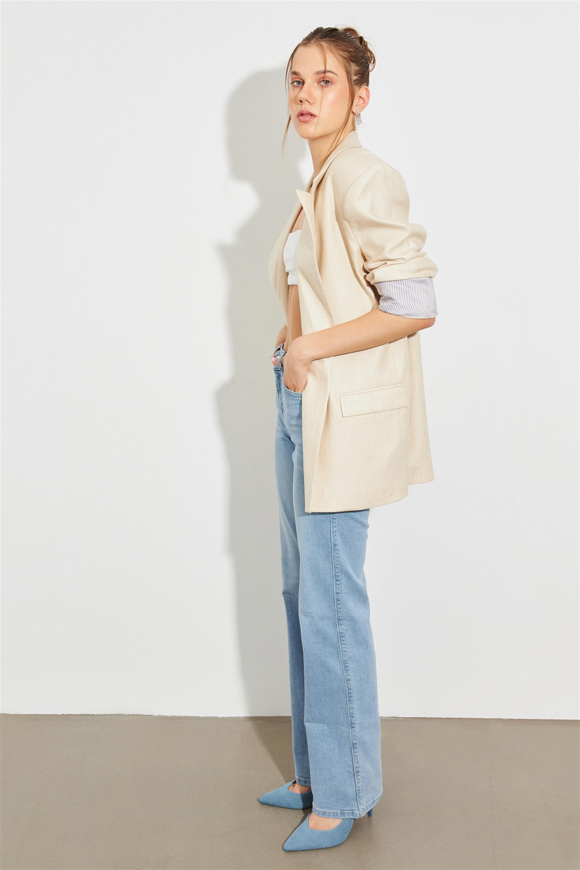 Keten Karışımlı İç Astarı Desenli Straight Fit Blazer Ceket