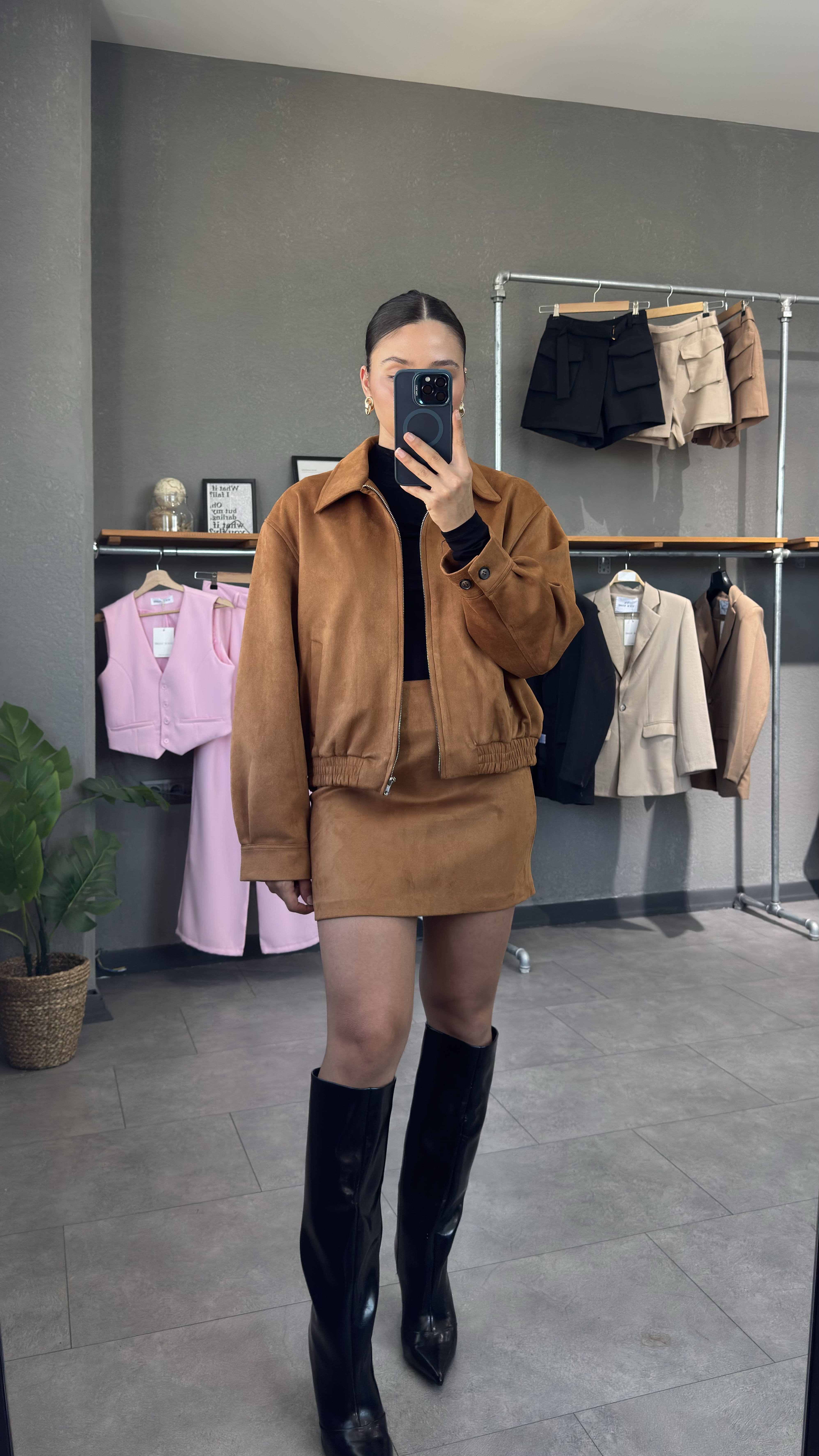 Süet Taba Bomber Ceket & Mini Etek Kombin