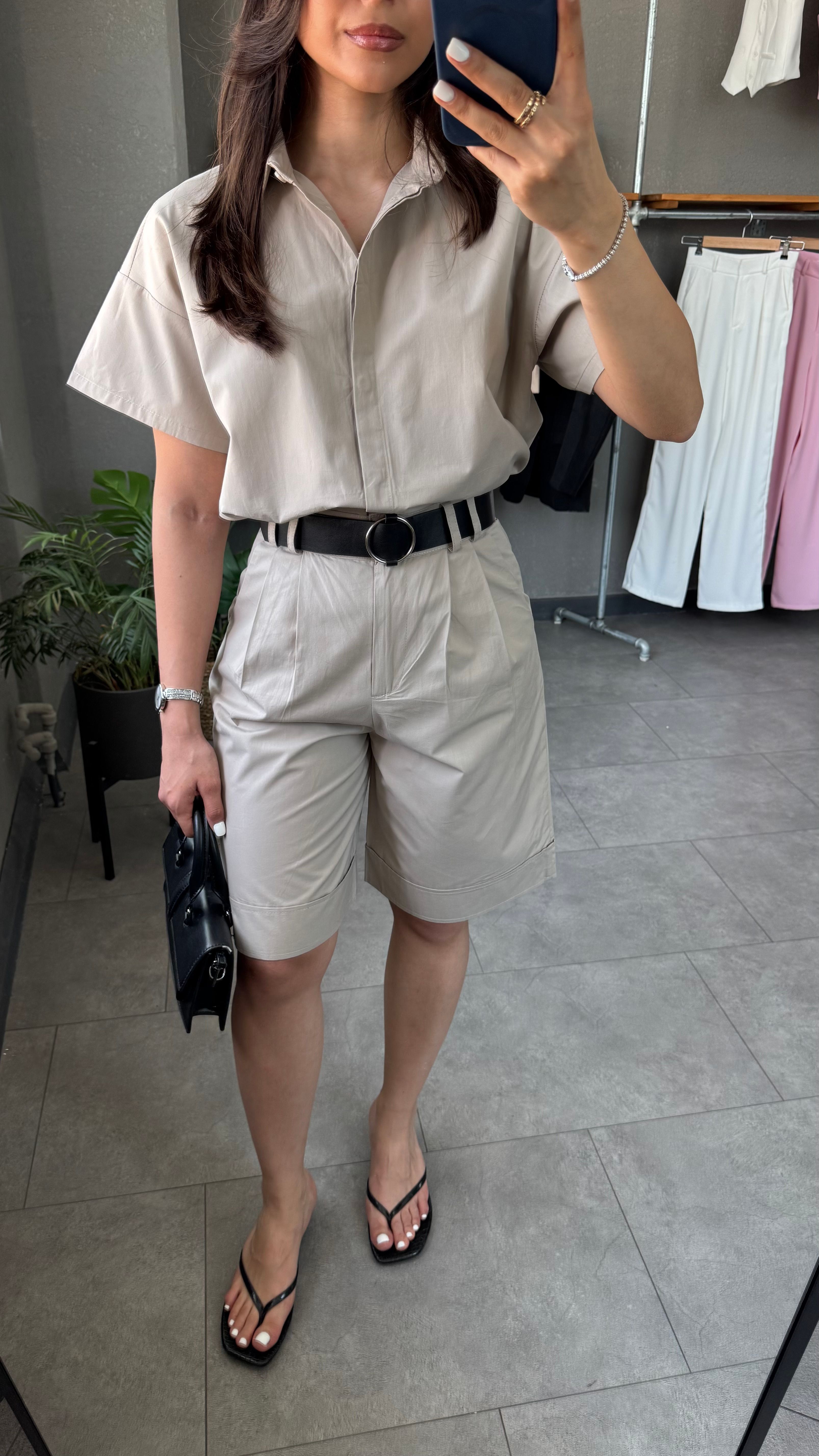 Gabardin Gömlek Kemerli Bermuda Şort Takım