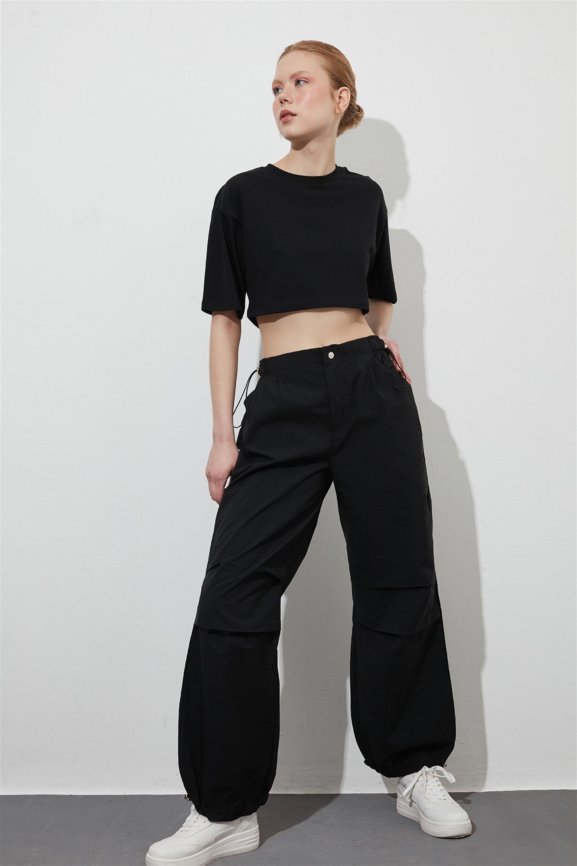 Siyah Crop Kısa Kol T-shirt